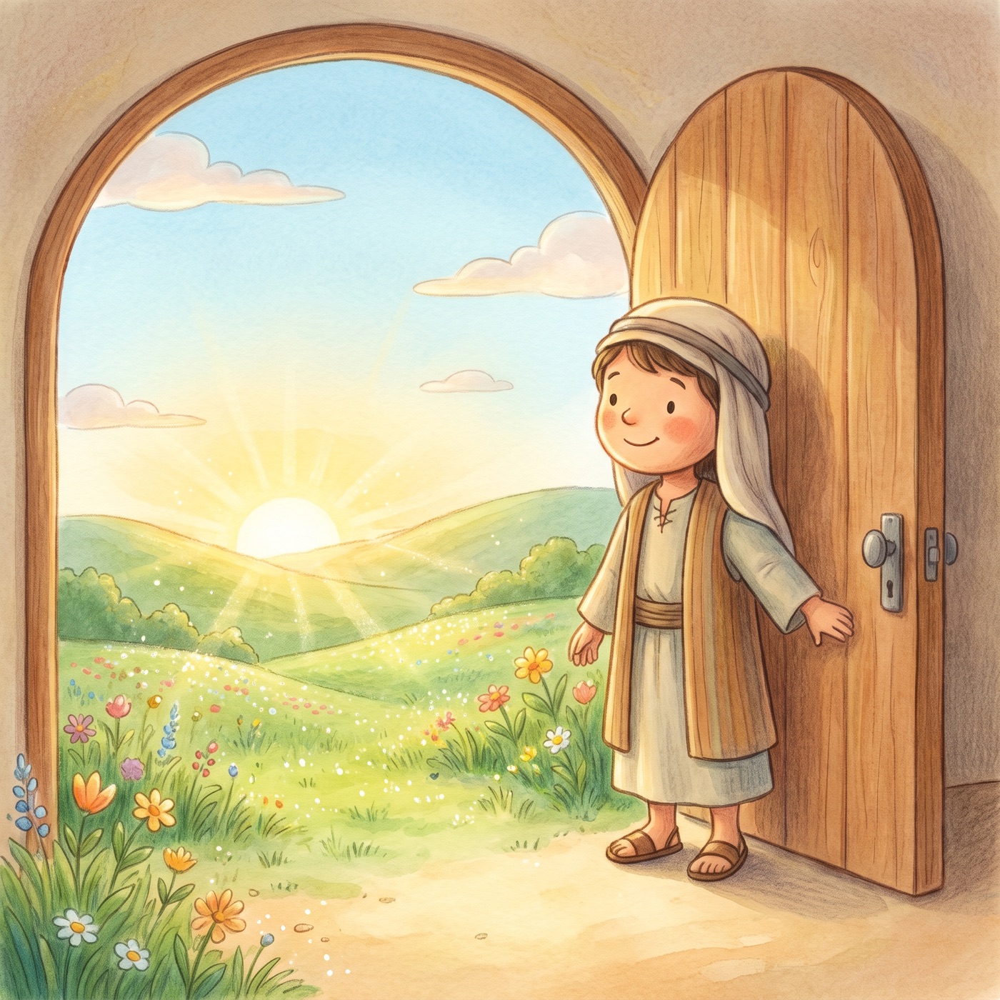 A beautiful fresh sunrise over rolling green hills with a child in modest ancient-Israel robes standing in an open doorway looking out at the bright new morning, sparkling dew on the grass.