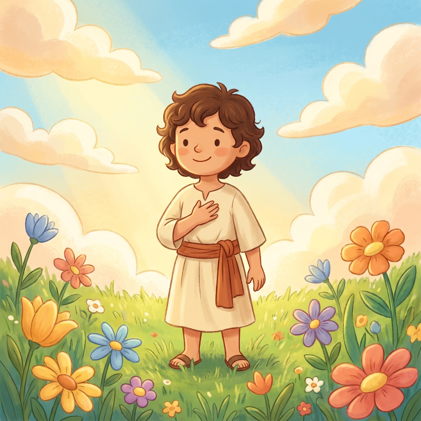 A child in modest ancient-Israel robes standing in a sunny green meadow with one hand resting gently over their own heart, smiling peacefully in warm golden light among wildflowers.