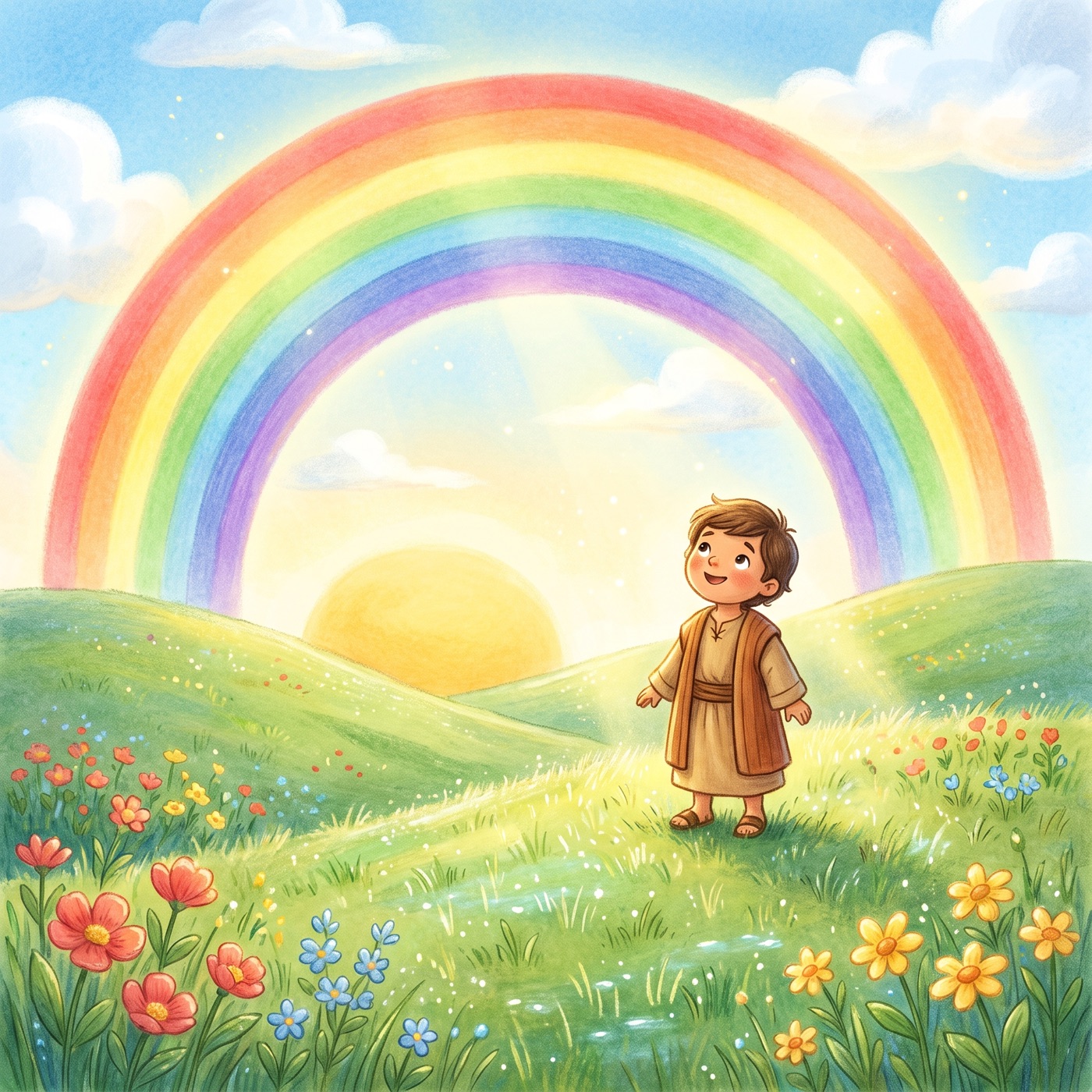 A big beautiful rainbow arching over rolling green hills just after rain, warm golden light glowing behind it, a child in modest ancient-Israel robes gazing up in happy wonder at the sparkling wet grass and flowers.