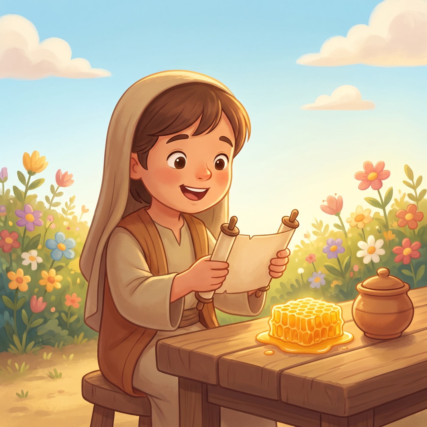 A delighted child in modest ancient-Israel robes holding a small open scroll and smiling with surprise and joy, with a golden honeycomb and a little clay pot of honey on a sunny table beside them.