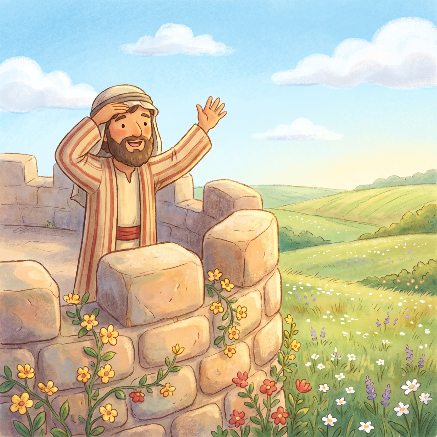 A friendly watchman in an everyday striped tunic and cloth head wrap standing on a sunny stone city wall looking out kindly over green fields, one hand shading his eyes and waving a greeting.