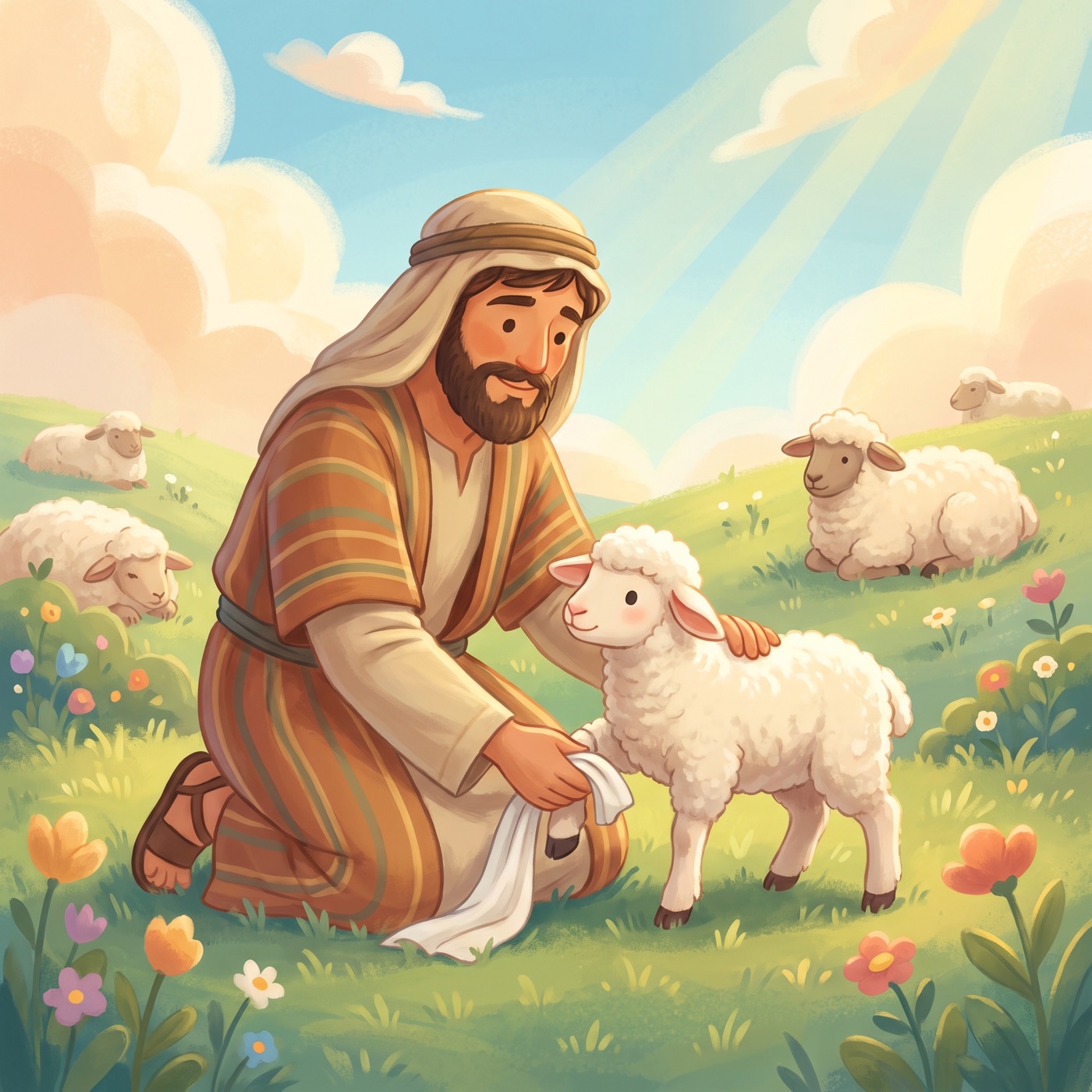 A kind shepherd in modest ancient-Israel robes kneeling in soft green grass gently wrapping a clean soft cloth around one little lamb's leg with careful hands, the woolly flock resting on a sunny hillside nearby.