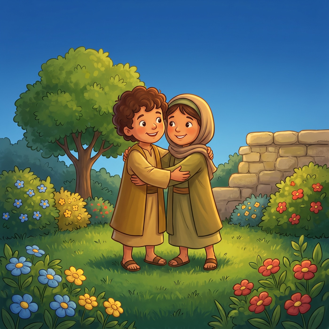 Two children in modest ancient-Israel robes hugging each other warmly and making up after a disagreement in a sunny garden, both smiling with relief and happiness in warm golden light.