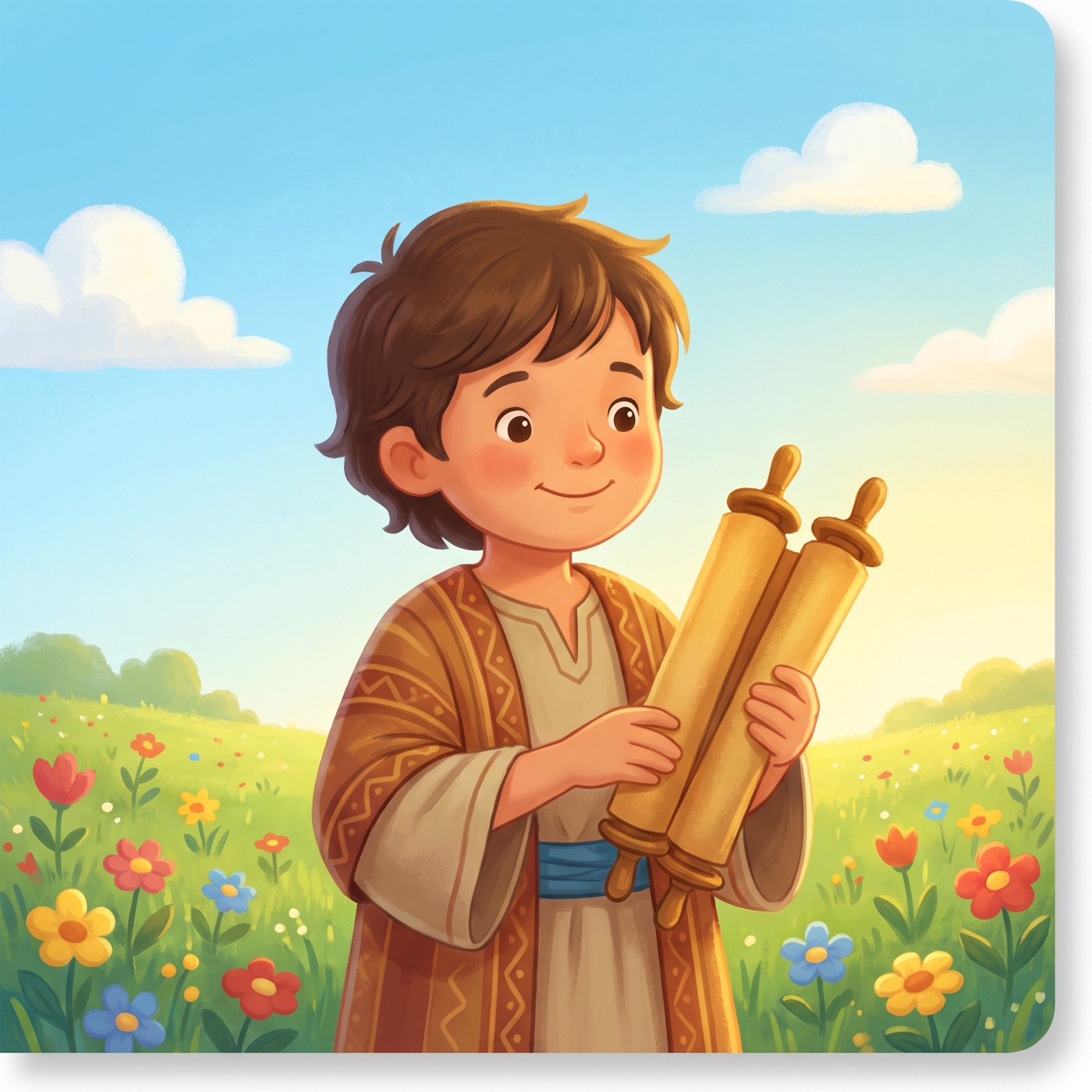 A happy child in modest ancient-Israel robes holding two rolled scrolls, one in each hand, bringing them together side by side to make one, smiling proudly in a sunny green meadow.