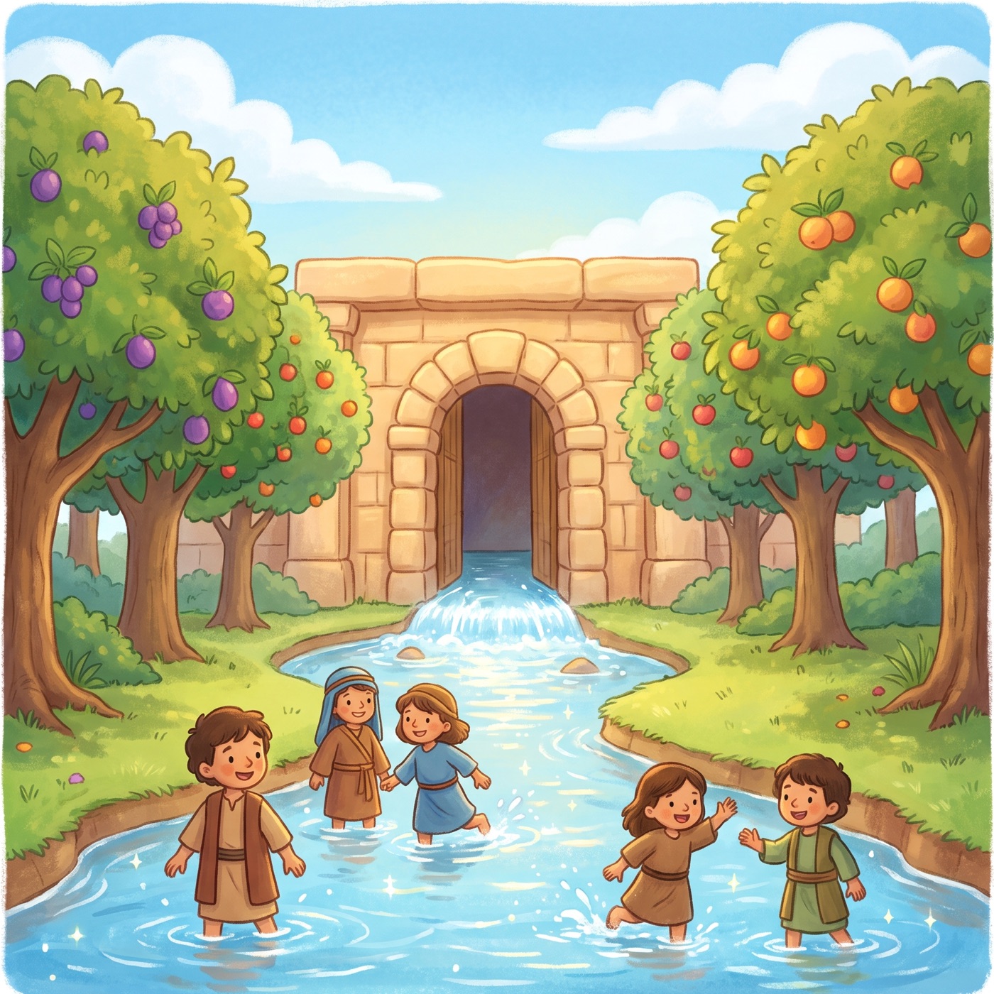 A clear sparkling river flowing out from under a honey-coloured stone temple doorway and widening into a lush green valley, with leafy fruit trees along both banks and children wading and laughing in the shallow water.