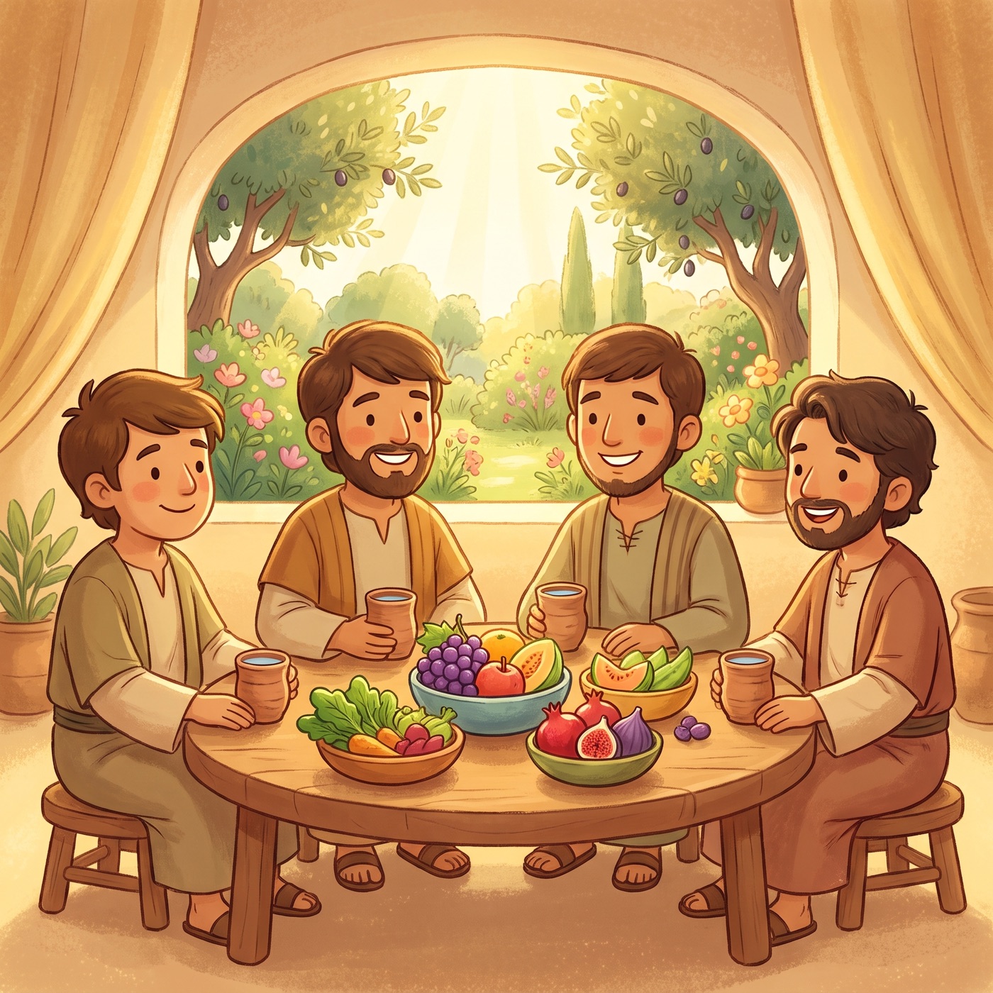 Four cheerful healthy young men in modest ancient-Israel robes sitting at a low wooden table happily eating fresh vegetables and colourful fruit and drinking water from clay cups in a sunny room.
