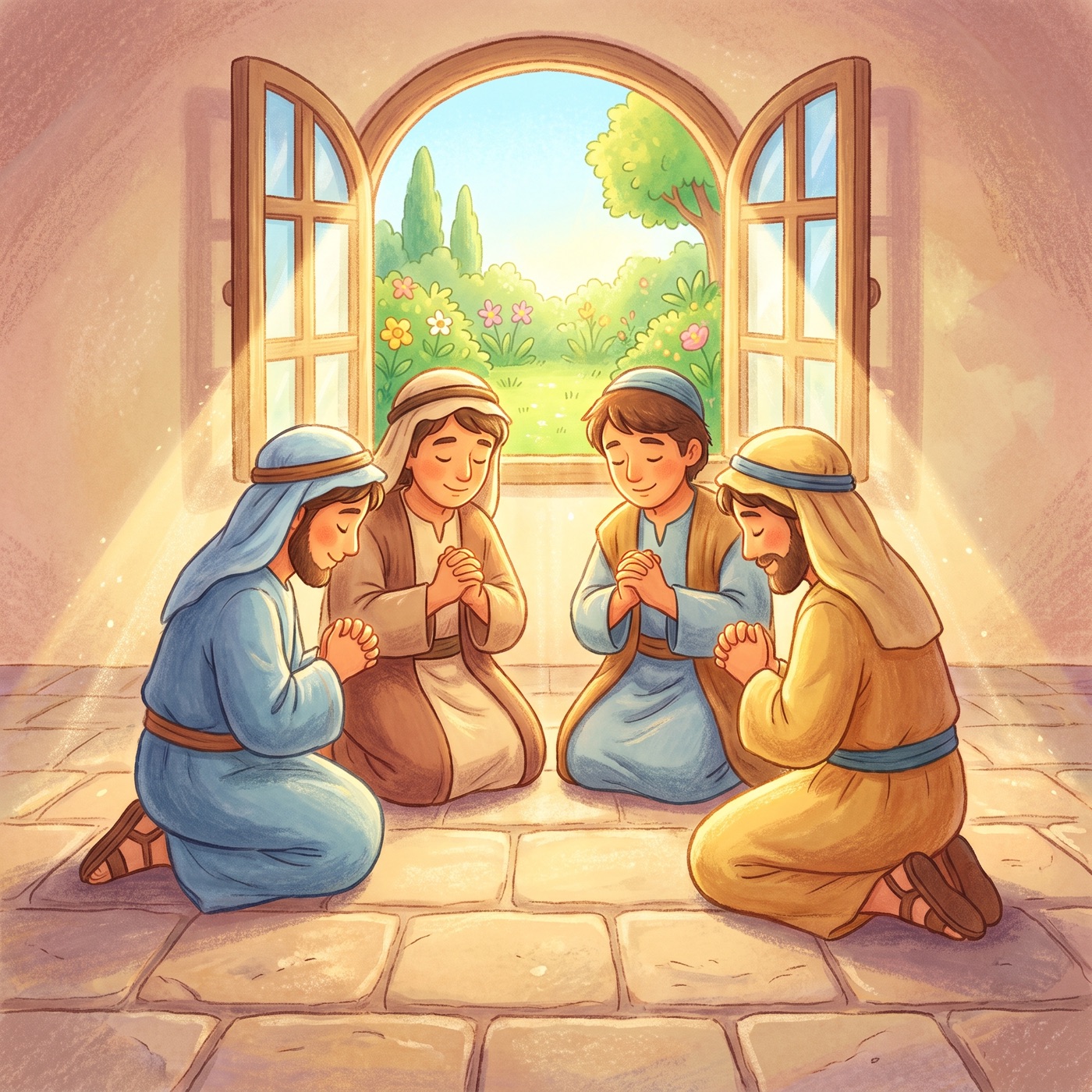Four young men in modest ancient-Israel robes kneeling together in a small circle with heads bowed and hands clasped, praying together in a sunny room with golden light through an open window.