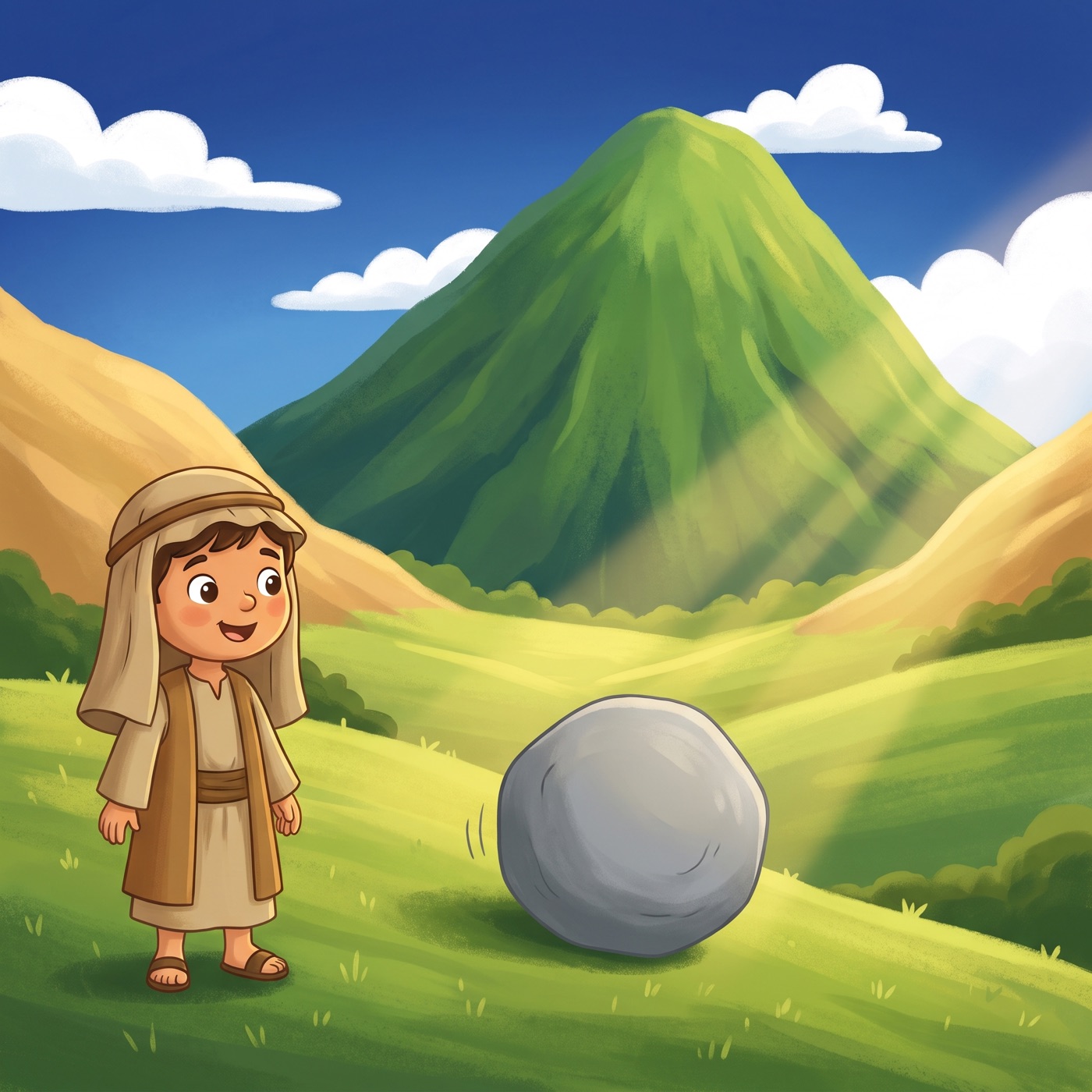 A small smooth round stone rolling down a green mountainside and growing larger and larger until it becomes a great green mountain filling a sunny valley, with a child watching in happy wonder.