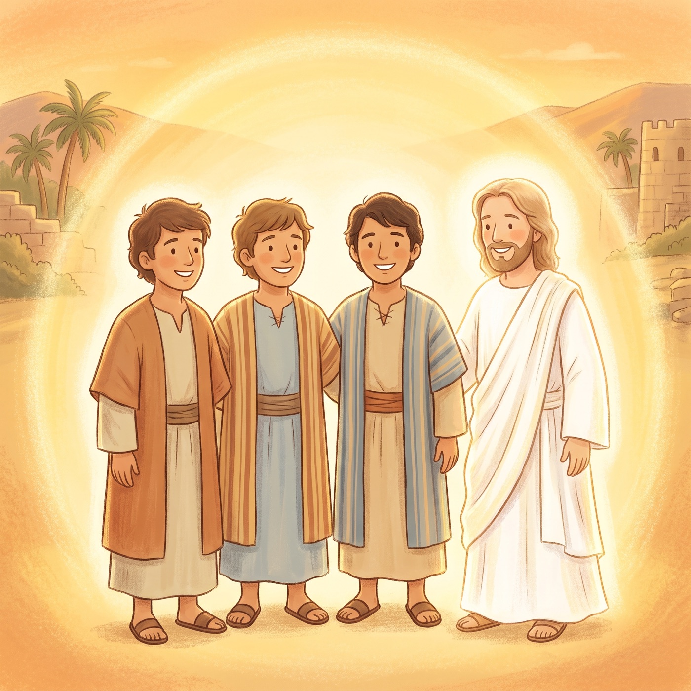 Three calm young men in modest ancient-Israel robes standing peacefully and safely together with a warm bright golden glow all around them and a gentle fourth shining figure in white standing beside them.