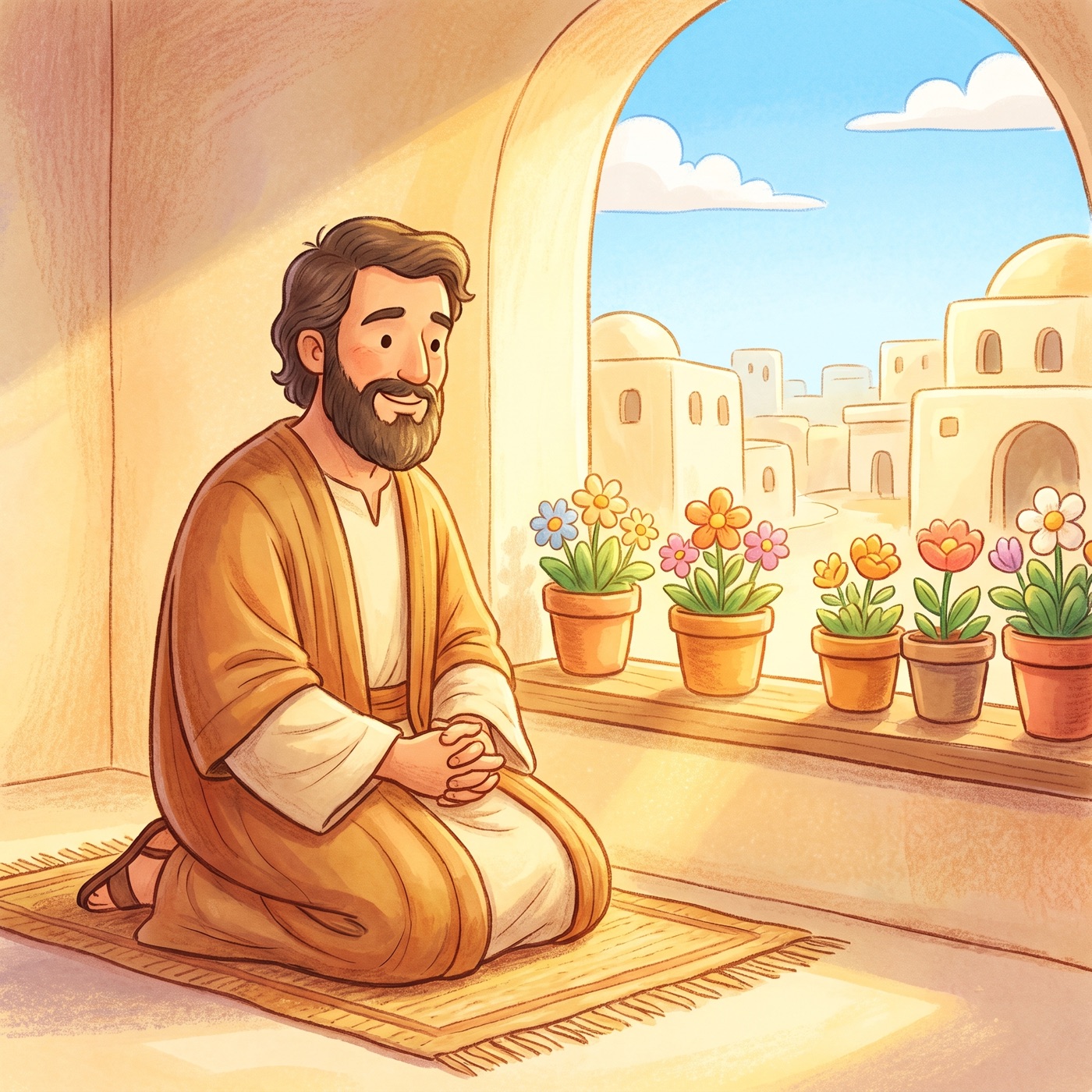 A kind man in modest ancient-Israel robes kneeling peacefully beside a wide open window with bright sunlight streaming in, hands gently folded, looking out at a clear blue sky over a sunny city.