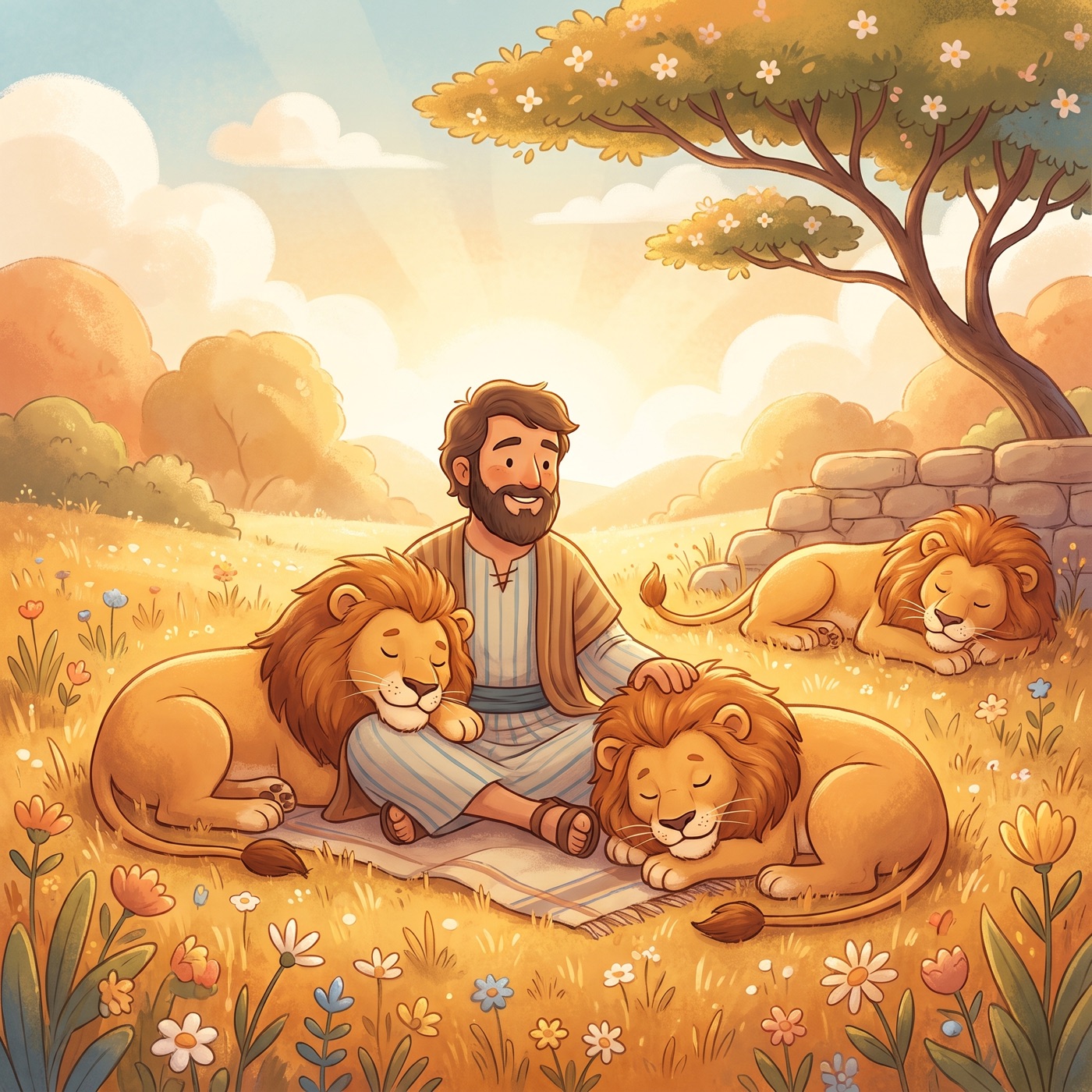 A kind gentle man in modest ancient-Israel robes sitting peacefully on the ground with several calm friendly lions resting quietly around him like big sleepy contented cats in warm morning light.
