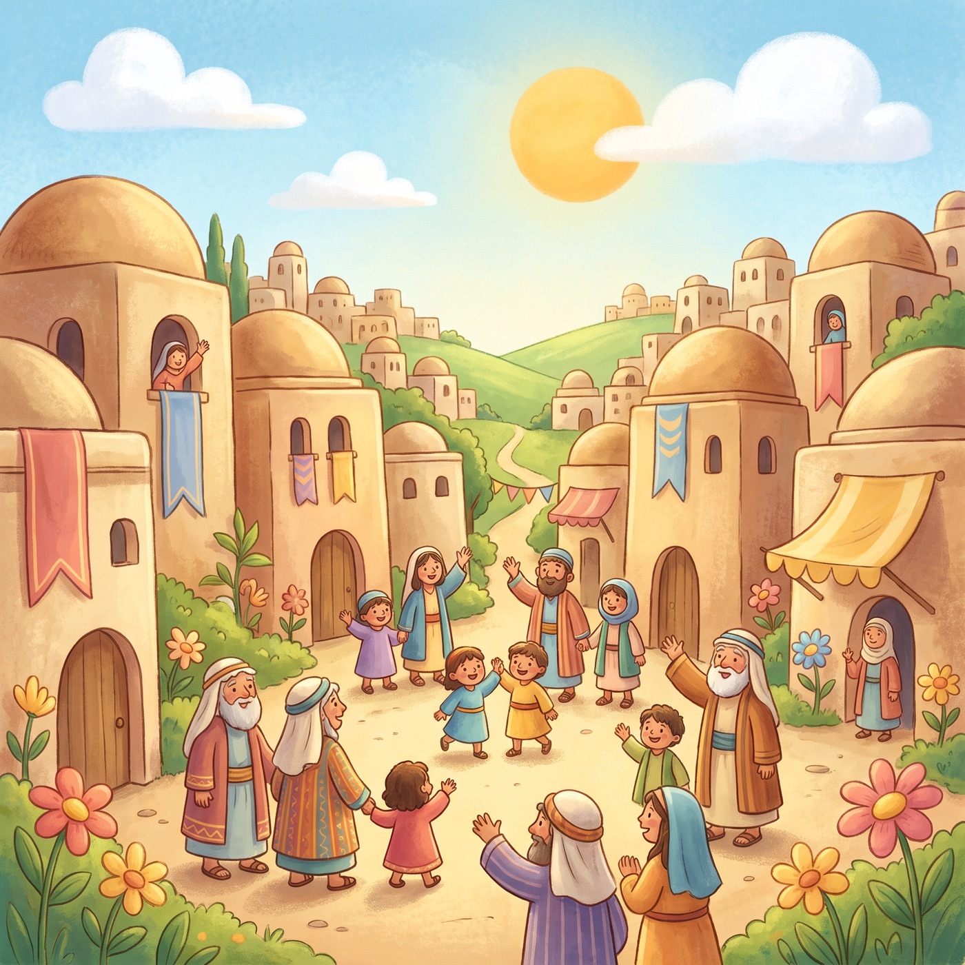 A beautiful bright golden kingdom city on a green hill with joyful people of every age in modest ancient-Israel robes gathered happily together in warm golden light with colourful banners and flowers.