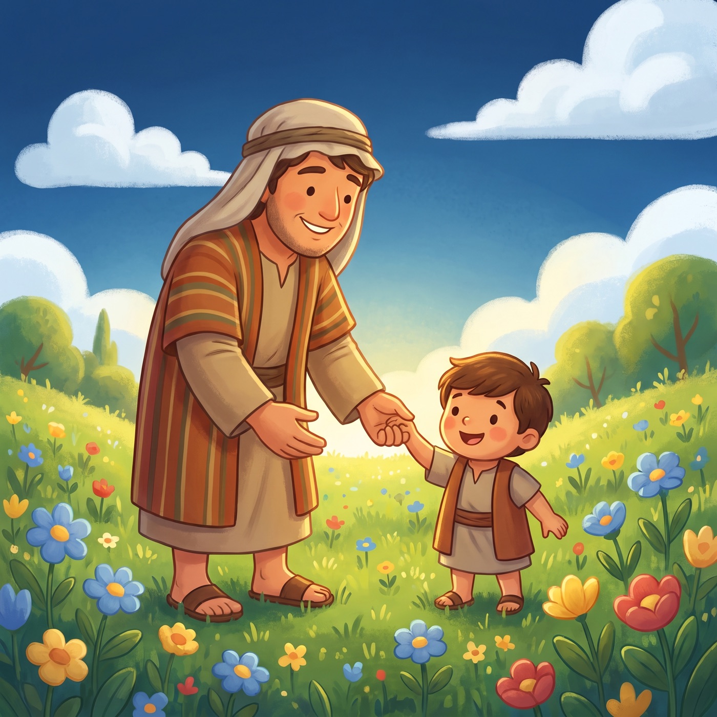 A kind parent in an everyday striped tunic and cloth head wrap holding a small child's hand warmly pressed between both of their own hands, the two smiling at each other in a sunny green meadow.