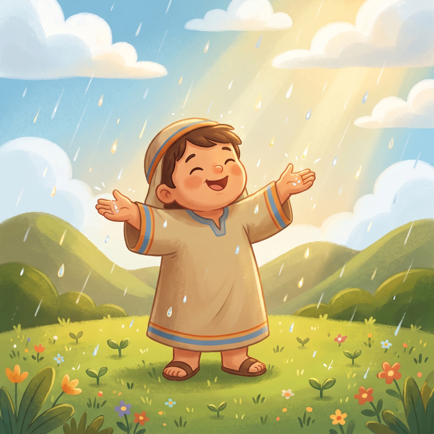 Gentle warm rain falling in bright sunshine onto a fresh green field where new grass is sprouting, with a child in modest ancient-Israel robes holding out both hands to catch the raindrops and laughing.