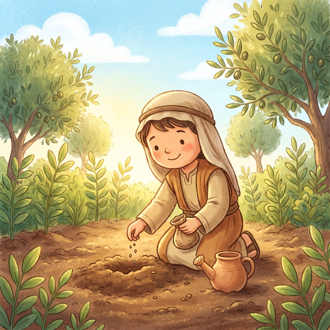 A child in modest ancient-Israel robes kneeling in freshly turned brown soil carefully planting small seeds with both hands, a little clay watering pot beside them in a sunny garden.