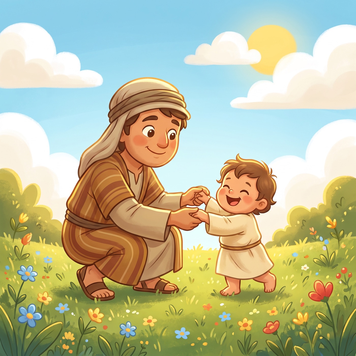 A kind parent in an everyday striped tunic and cloth head wrap crouching down holding both hands of a wobbly happy toddler taking their very first steps on soft green grass, both delighted and laughing.