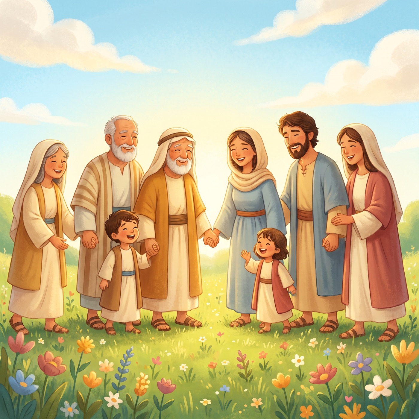 A big joyful group of people of every age in modest ancient-Israel robes together in a sunny green meadow — grandparents, parents, young people and small children, all smiling in warm golden light.