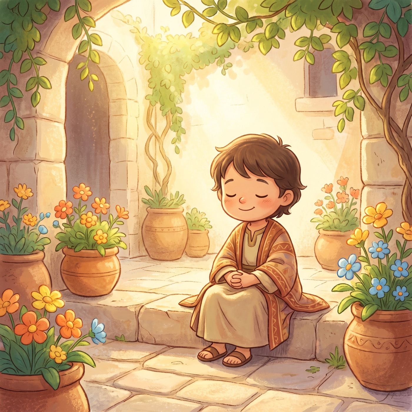 A small child in modest ancient-Israel robes sitting quietly on a low stone step with eyes gently closed and a peaceful contented smile, hands softly folded in warm bright sunlight.