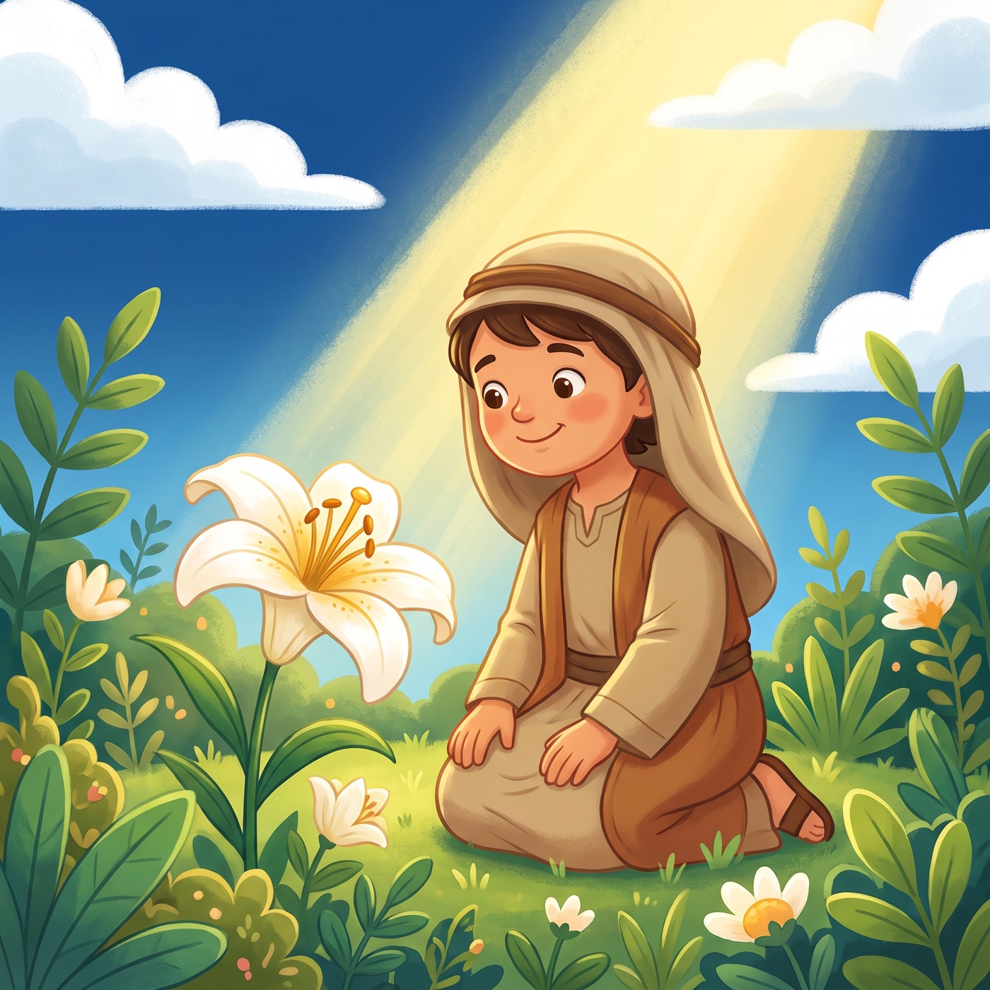 A beautiful white lily in full bloom in a sunny garden surrounded by strong green growing plants and vines, with a child in modest ancient-Israel robes leaning close to look at it with a delighted smile.
