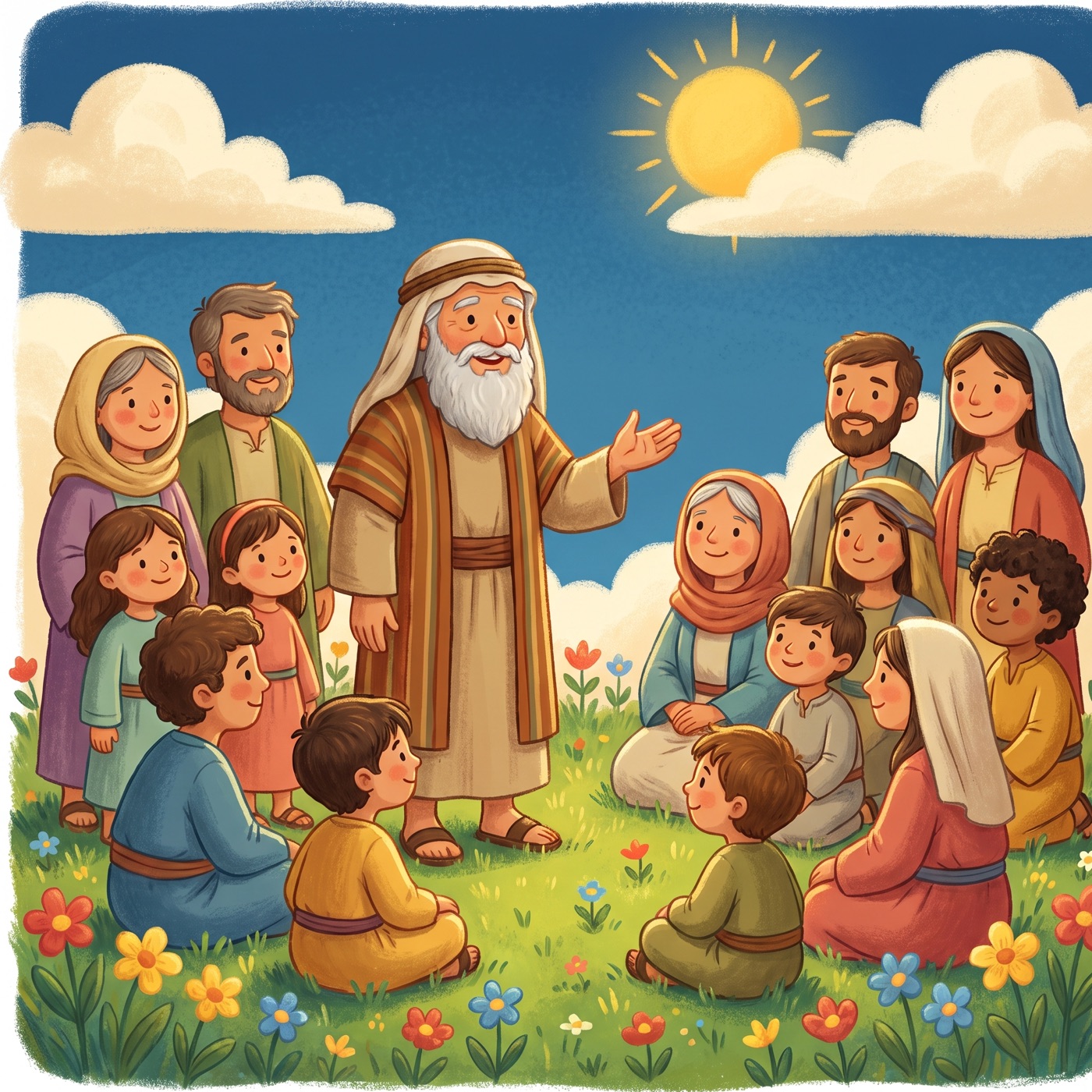 A kind older prophet in an everyday striped tunic and cloth head wrap speaking warmly to a group of attentive listening people of all ages sitting on the grass in a sunny green field.