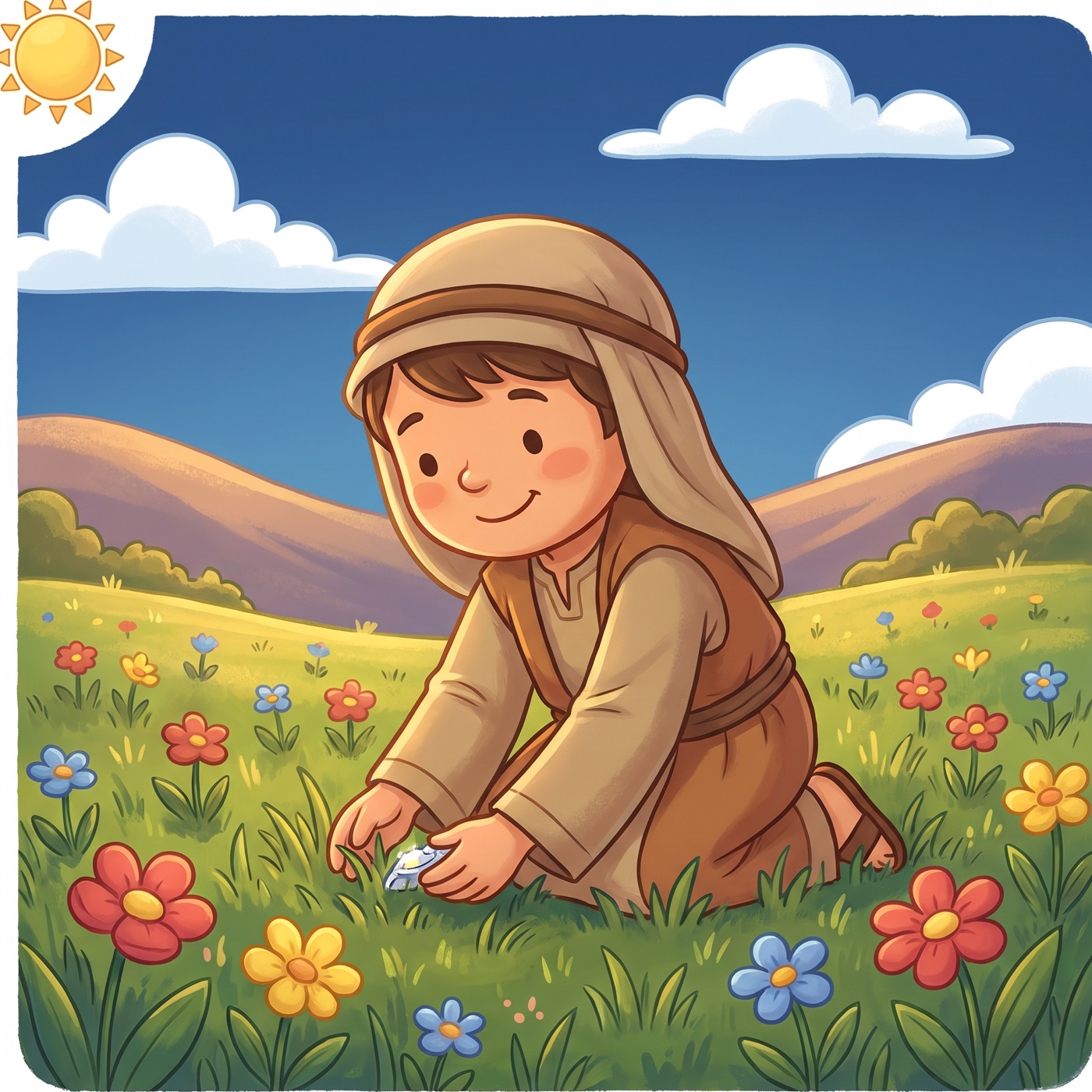 A child in modest ancient-Israel robes kneeling and searching happily through green grass and flowers in a sunny meadow with a delighted look of discovery.