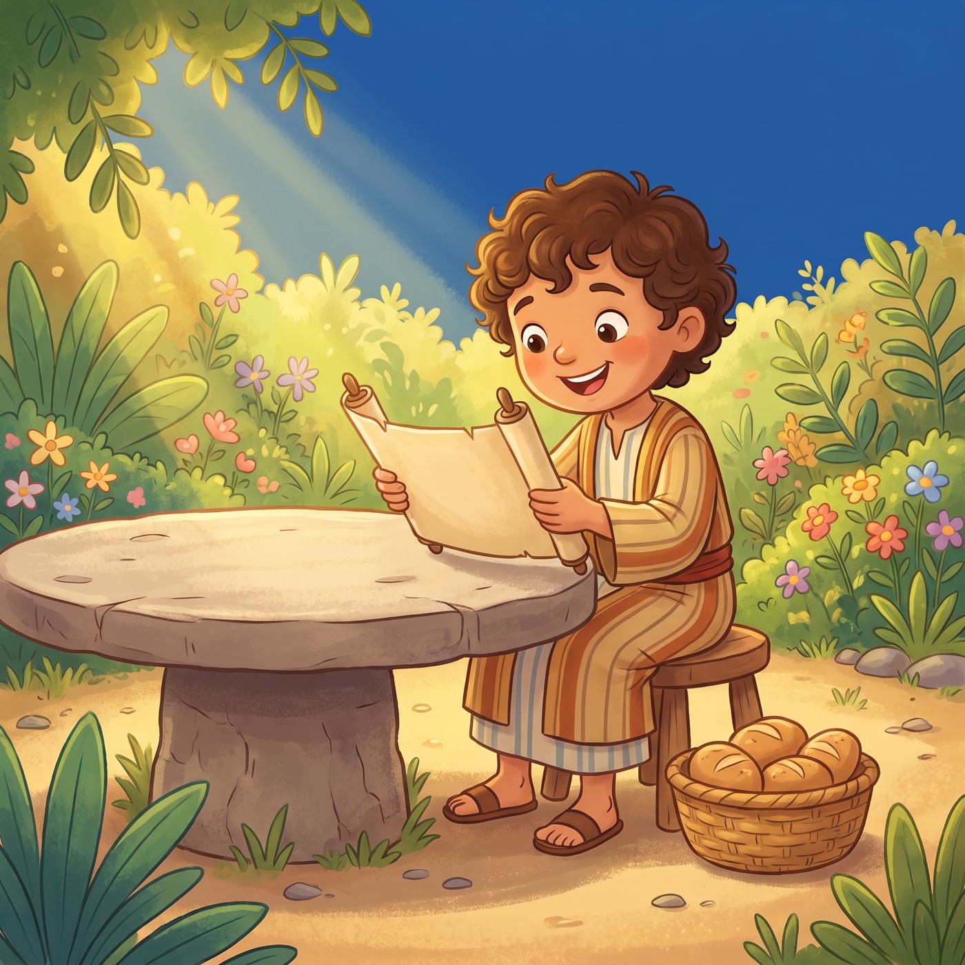 A child in modest ancient-Israel robes holding an open scroll in both hands and reading it eagerly with a joyful expression, a woven basket of bread beside them on a sunny garden table.
