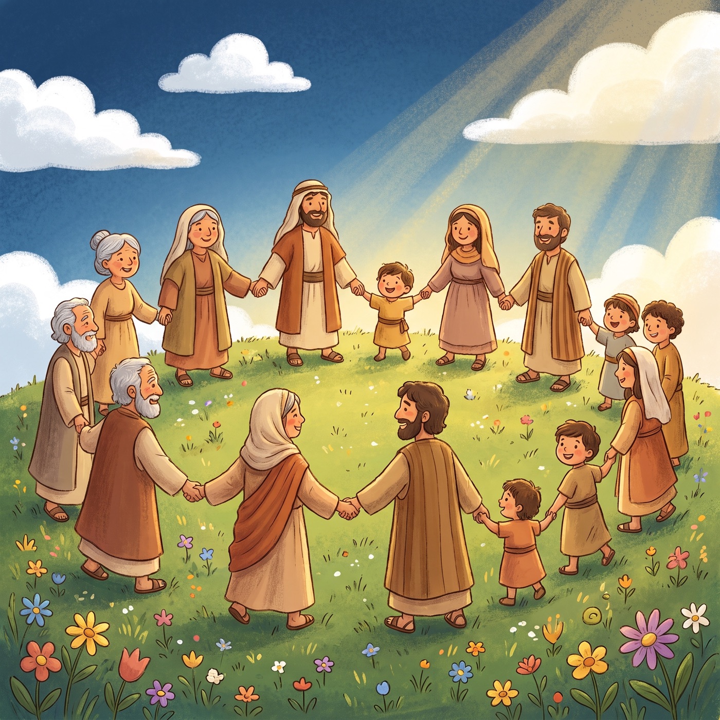 A big family of many generations in modest ancient-Israel robes standing together on a sunny green hill holding hands in a long happy chain: great-grandparents, grandparents, parents and small children.