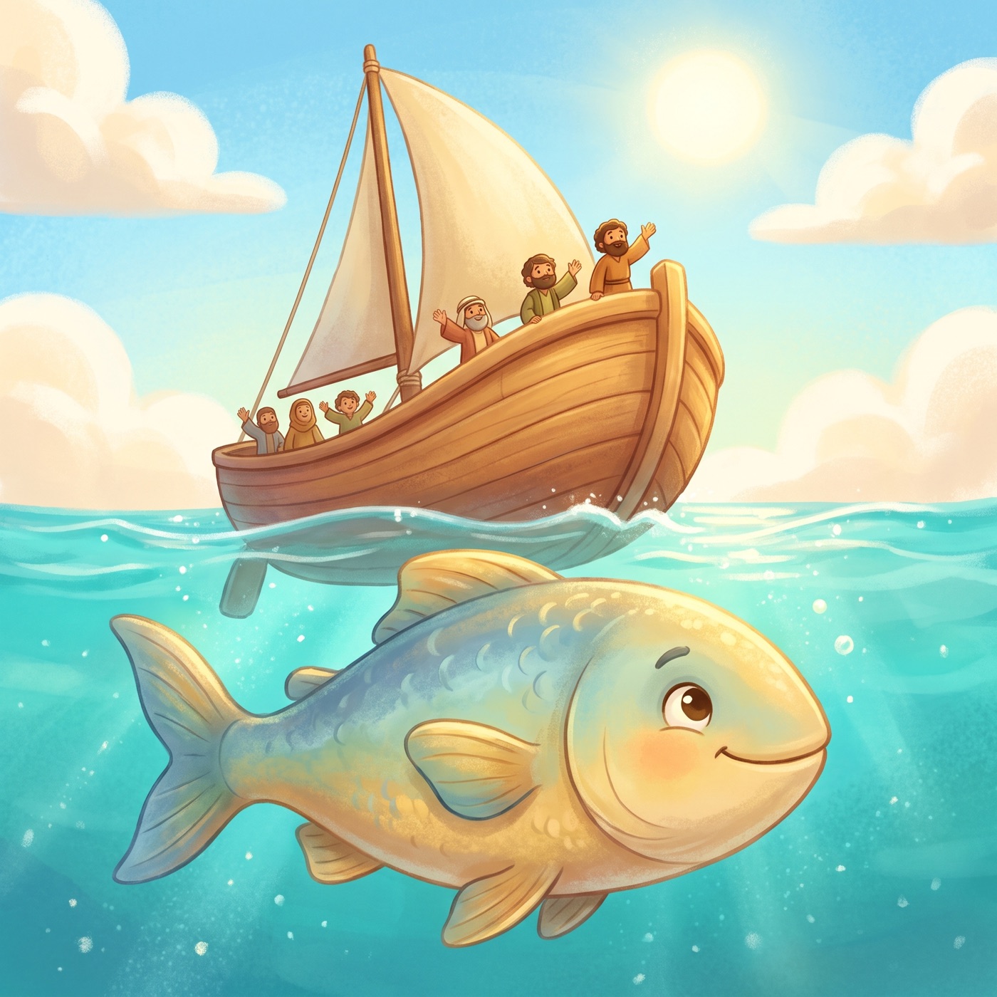 A large friendly gentle great fish like a kind whale with soft happy eyes swimming through bright sunny blue water, with a small wooden sailing boat floating on the surface above.