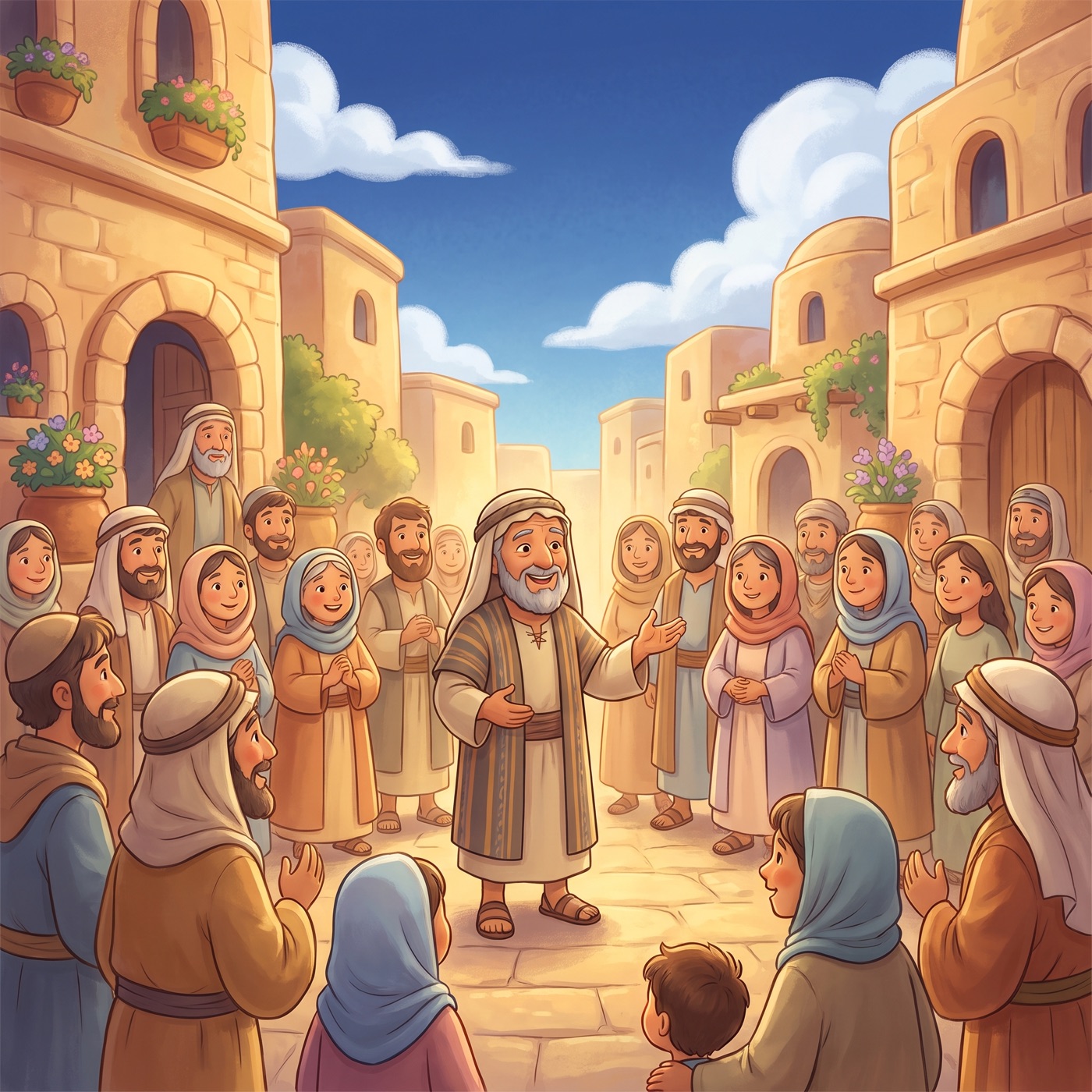 A whole cheerful city of people in modest ancient-Israel robes gathered together in a sunny square listening thoughtfully to a prophet, everyone looking kind and attentive.