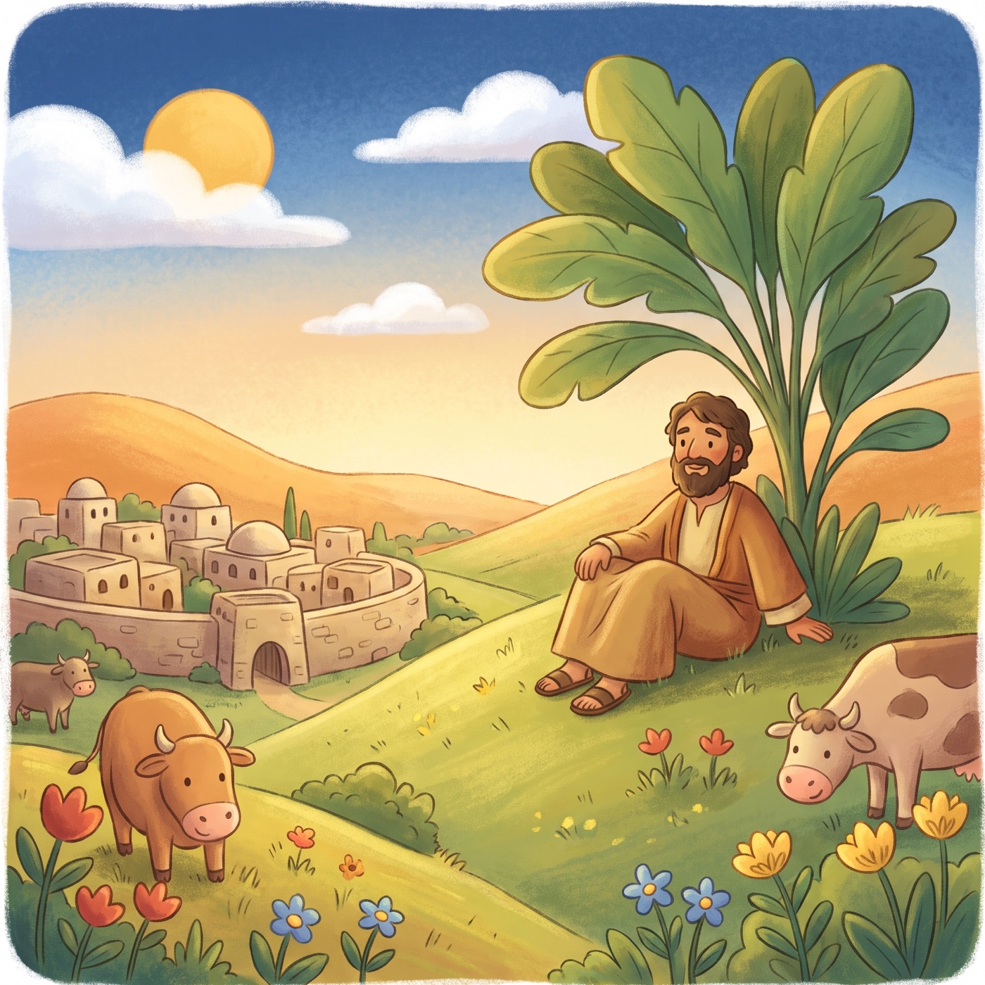 A leafy green plant with big broad leaves giving cool shade to a man in modest ancient-Israel robes sitting on a sunny green hillside, a large city visible below in the valley with cattle grazing nearby.