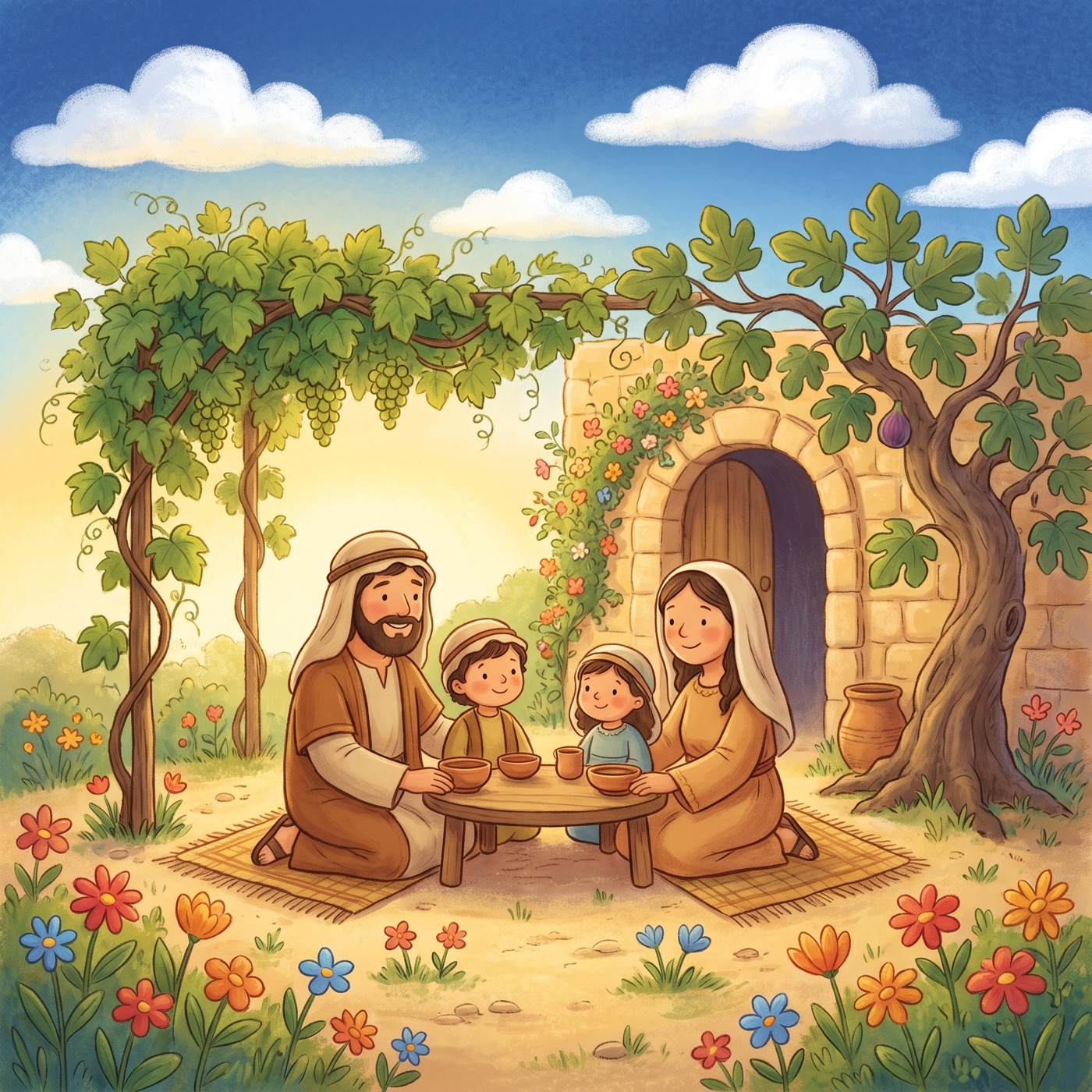 A happy family in modest ancient-Israel robes sitting peacefully together under a leafy green grapevine and a spreading fig tree beside their little honey-coloured stone house on a sunny day.