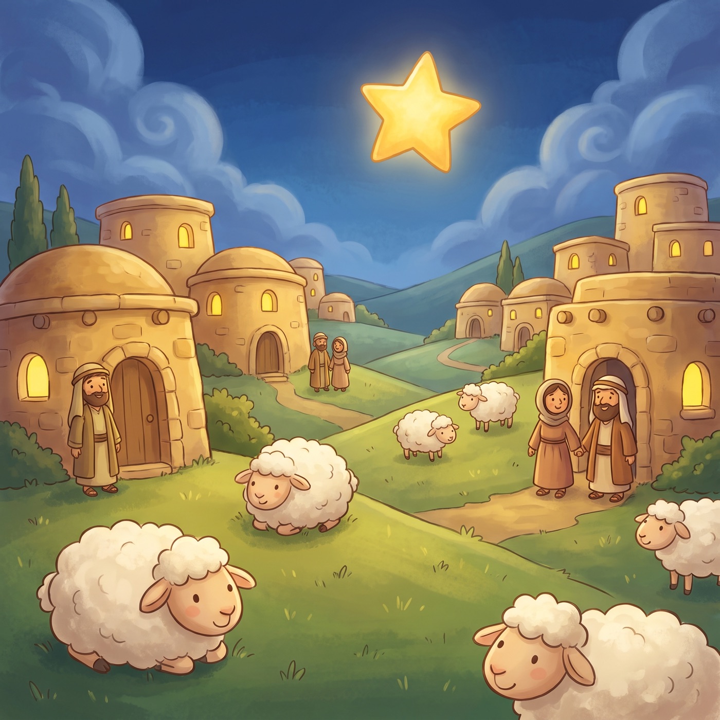 A small peaceful village of honey-coloured stone houses nestled on a green hillside with one big bright shining star above it in a deep blue evening sky and gentle sheep resting on the hills.