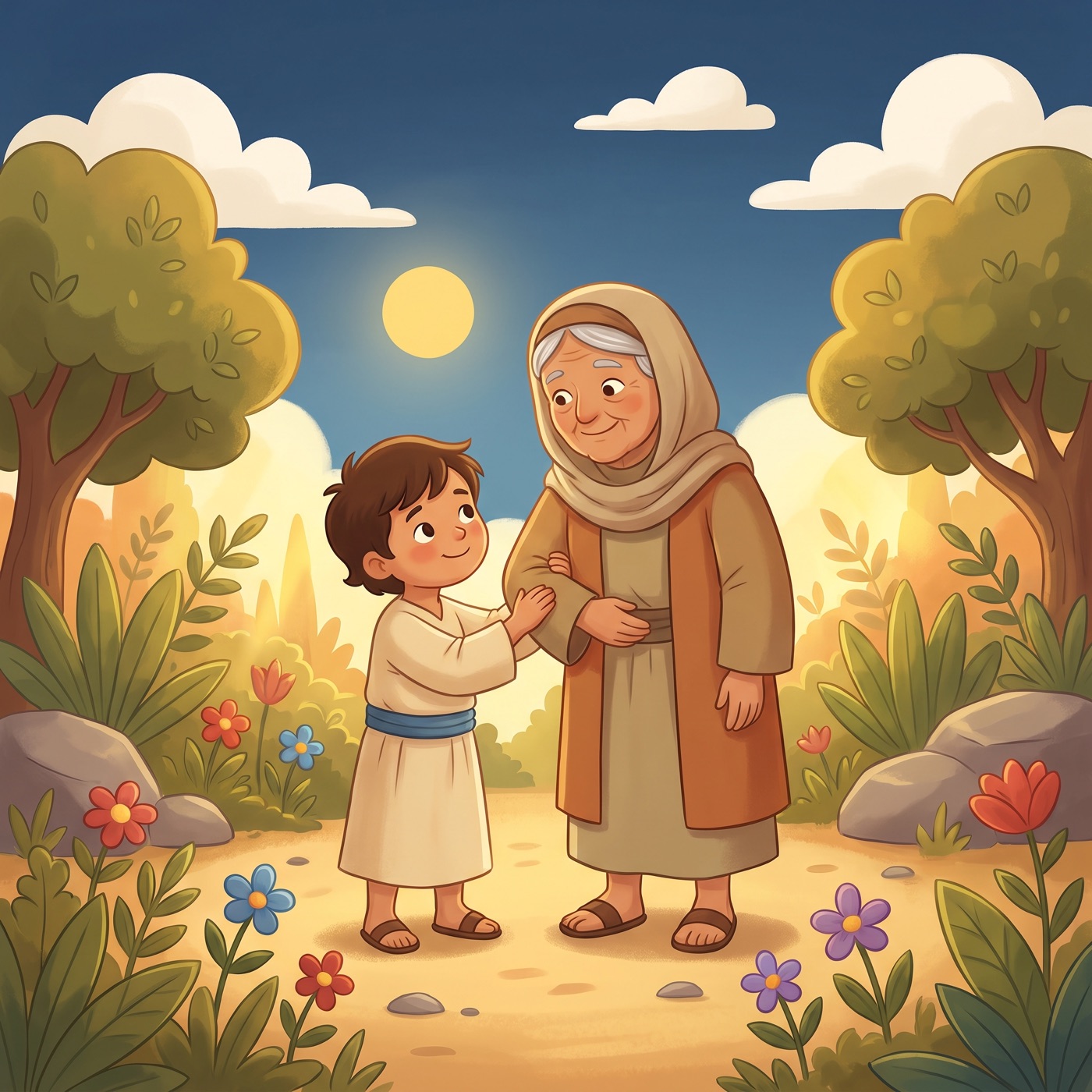 A child in modest ancient-Israel robes gently helping an older grandparent walk along a sunny garden path, holding their arm carefully, both smiling warmly at each other.