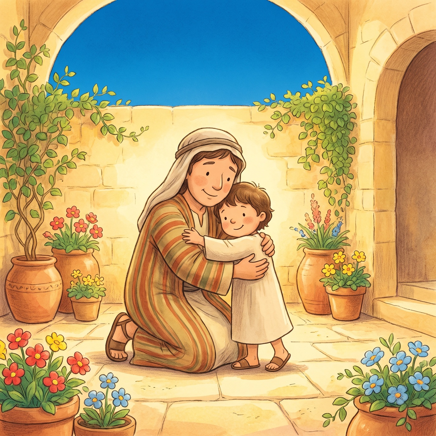 A kind parent in an everyday striped tunic and cloth head wrap kneeling down to hug a small child warmly, both smiling with happy relief, in a sunny stone courtyard with potted flowers.