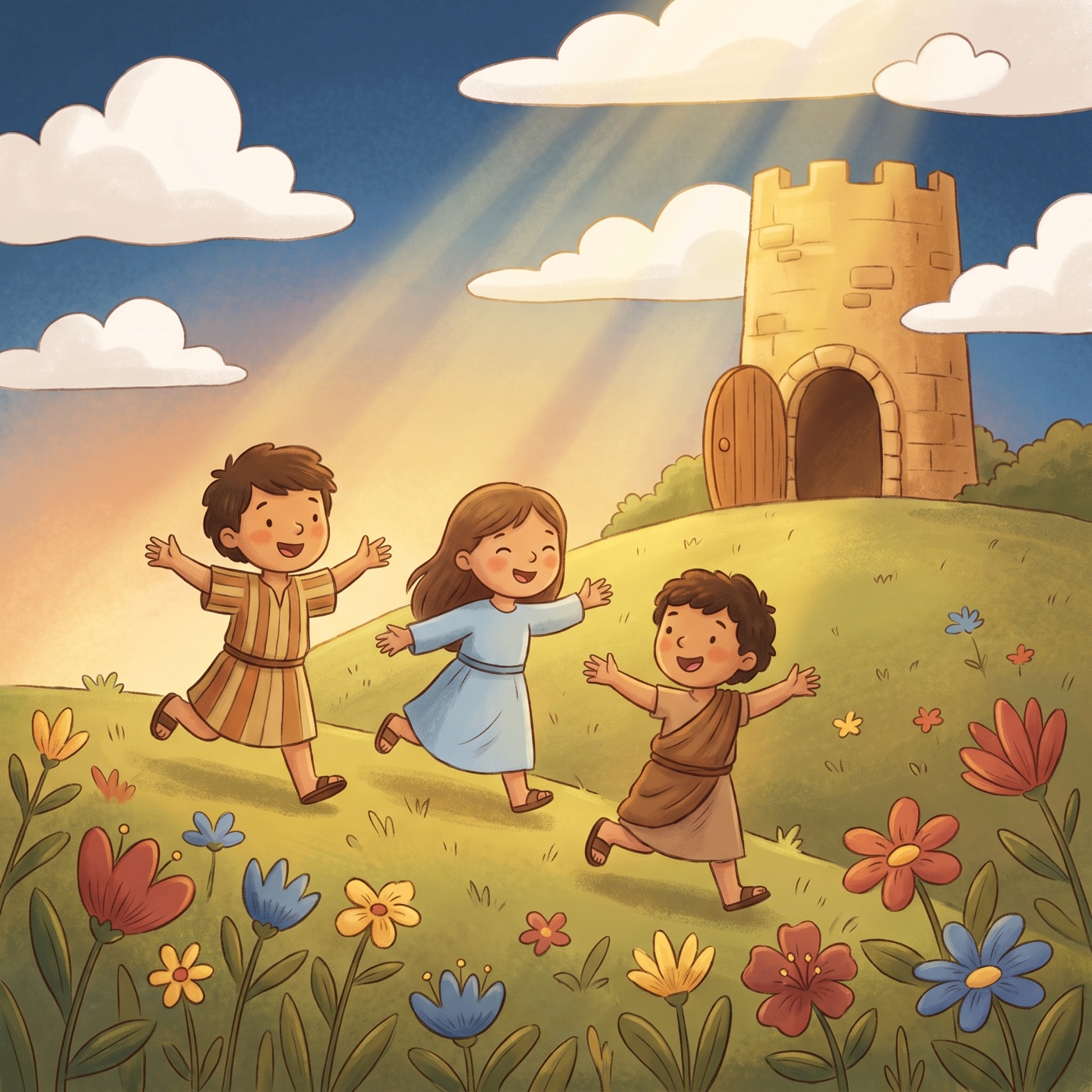 A cosy strong round stone tower with a warm welcoming open doorway on a green hill, with three children in modest ancient-Israel robes running happily toward it in bright sunshine.