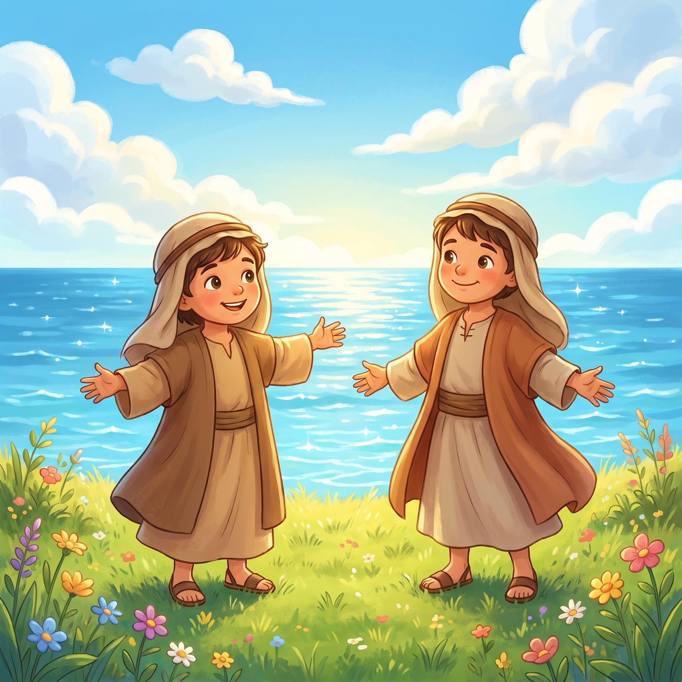 A wide sparkling blue ocean meeting a green grassy shore under a bright blue sky, with two children in modest ancient-Israel robes standing on the sunny shore with arms spread wide looking out at the enormous sea.