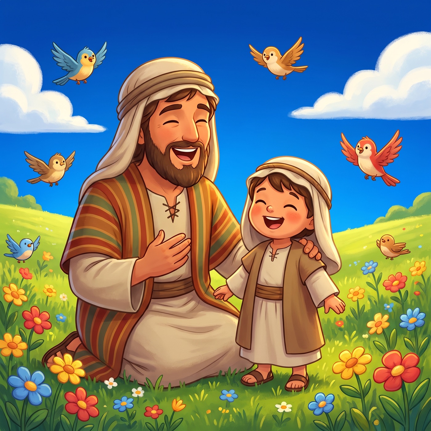 A kind parent in an everyday striped tunic and cloth head wrap singing joyfully to a small delighted child in modest ancient-Israel robes in a sunny green meadow, with songbirds flying around them.