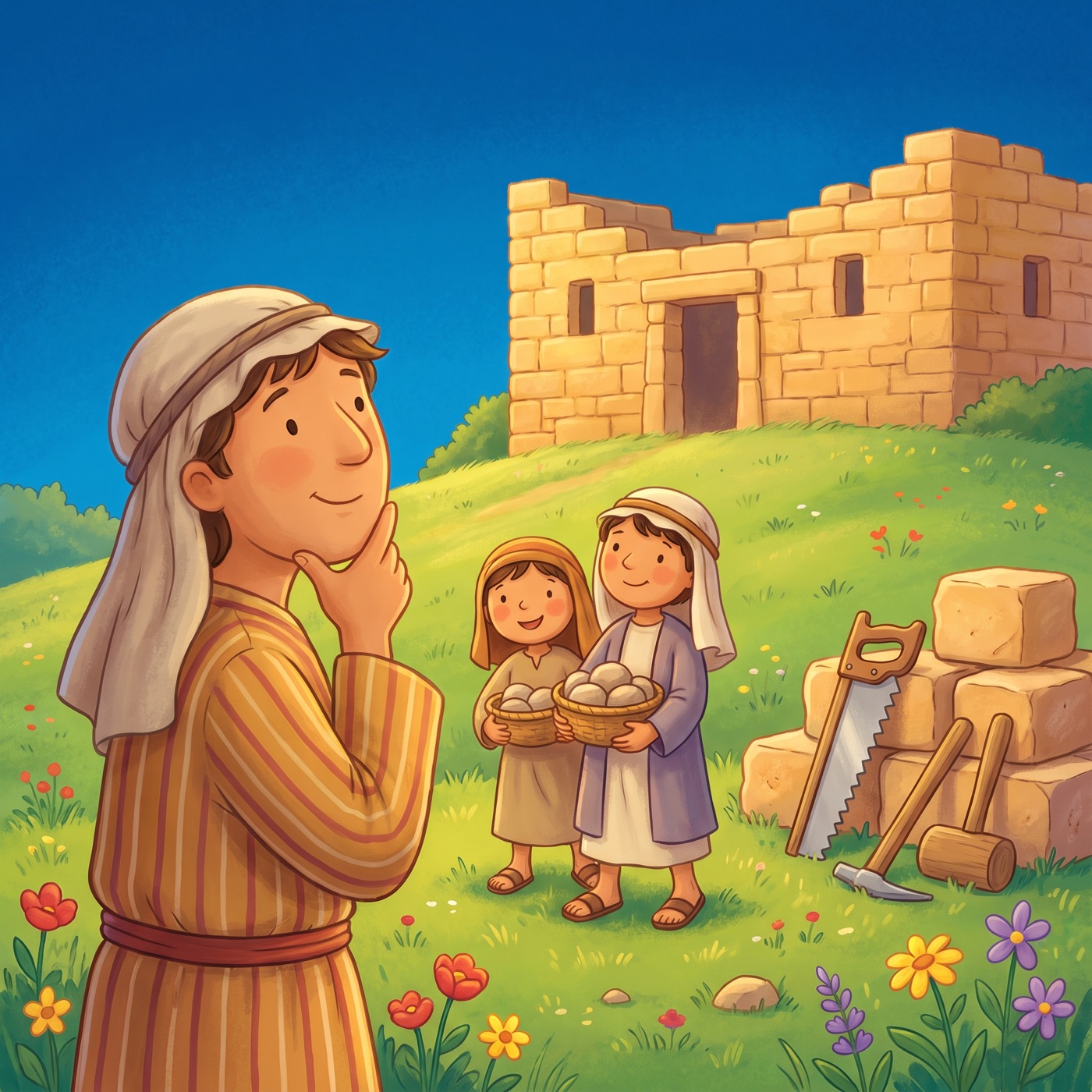 A thoughtful person in an everyday striped tunic and cloth head wrap pausing with a hand on their chin, looking at a half-built honey-coloured stone building on a sunny hillside with two children helping carry small stones.