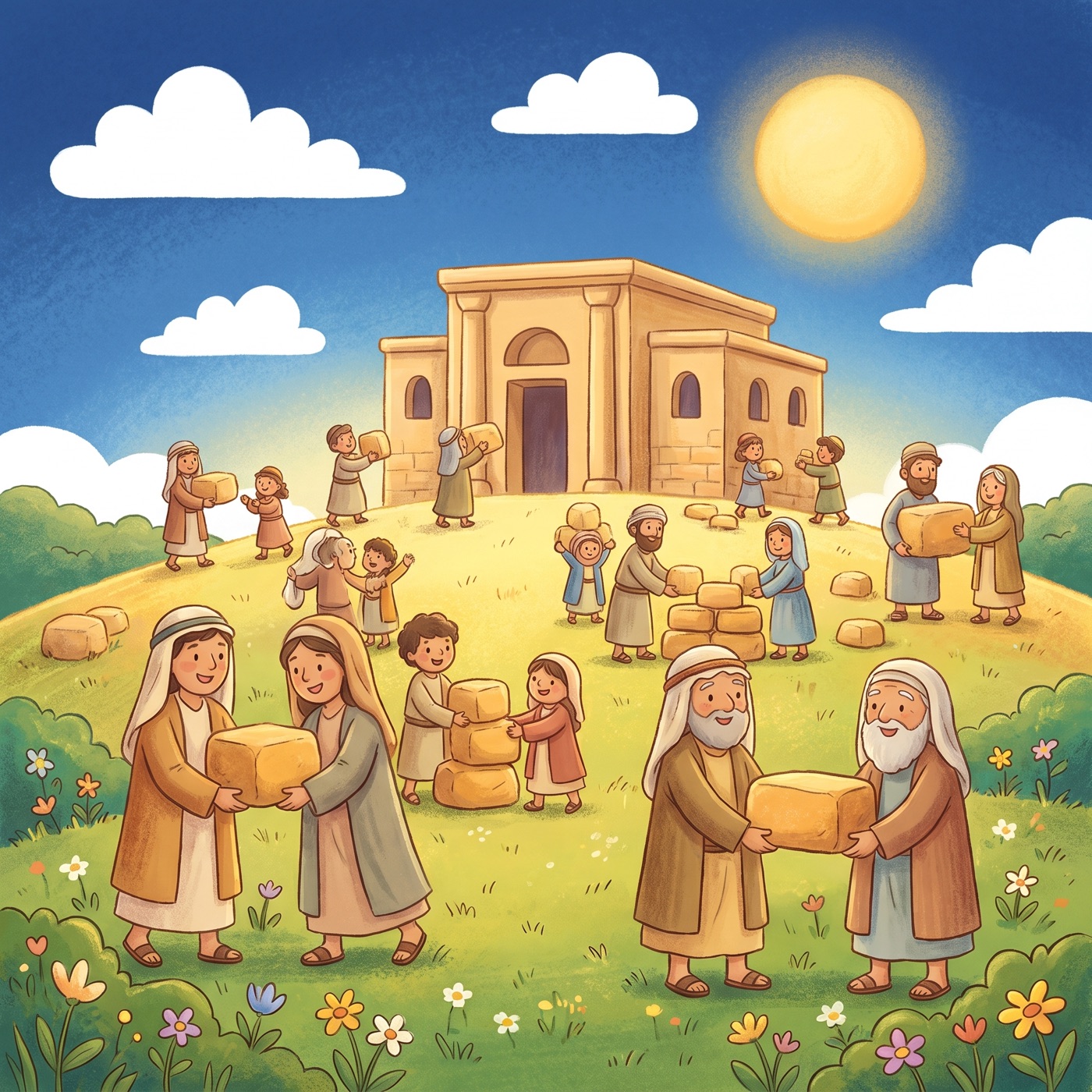 Cheerful workers of all ages in modest ancient-Israel robes happily building a beautiful honey-coloured stone temple together on a sunny green hill, carrying stone blocks and smiling at each other.