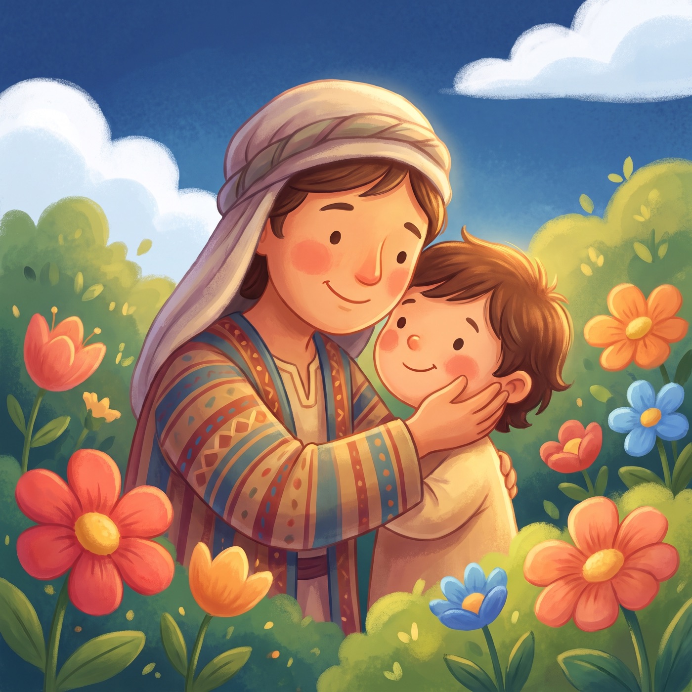 A kind parent in an everyday striped tunic and cloth head wrap gazing lovingly at their small child close up, holding the child's face gently, both smiling warmly in a sunny green garden.