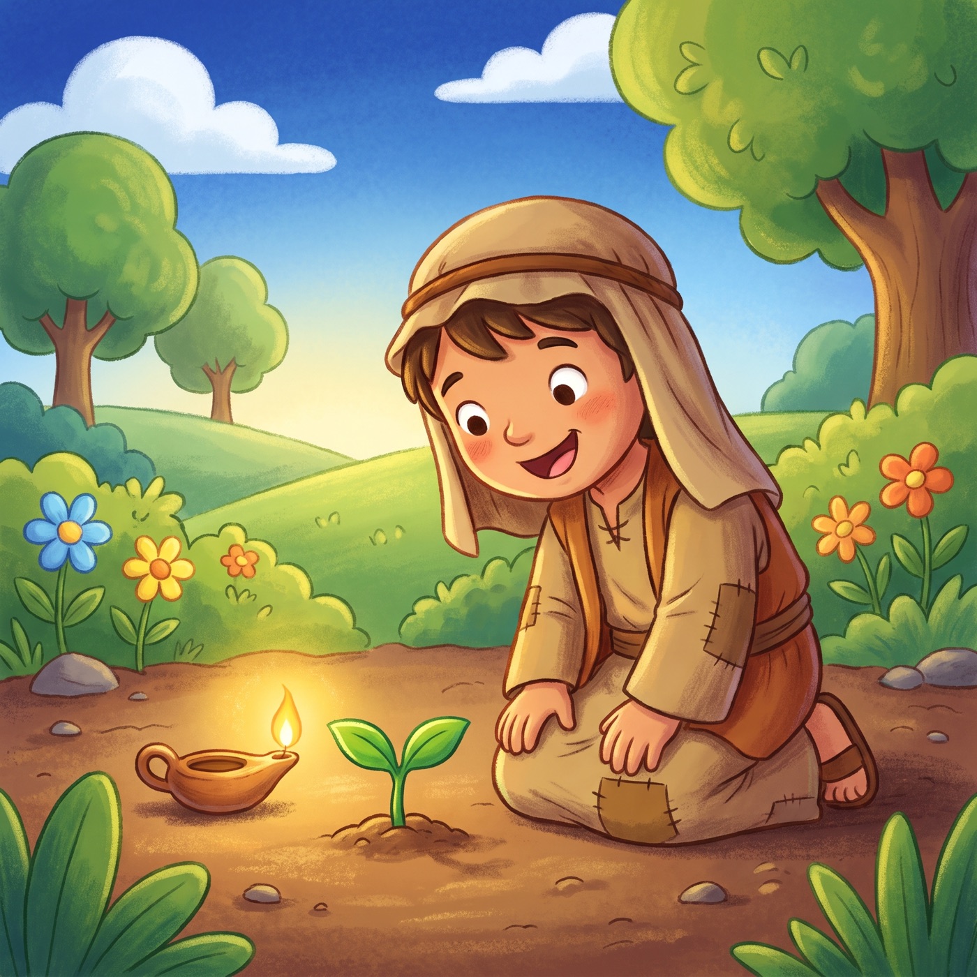 A tiny bright green seedling sprouting up from rich brown soil with a child in modest ancient-Israel robes kneeling close to look at it with delight, a small clay oil lamp glowing warmly beside it.