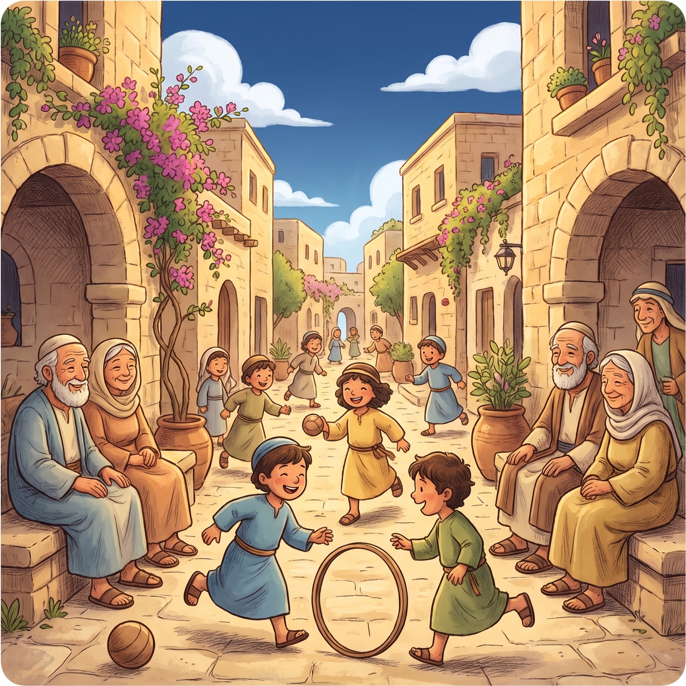 A sunny city street full of happy children in modest ancient-Israel robes playing and running and laughing together, with smiling old men and old women sitting on stone benches watching them fondly.