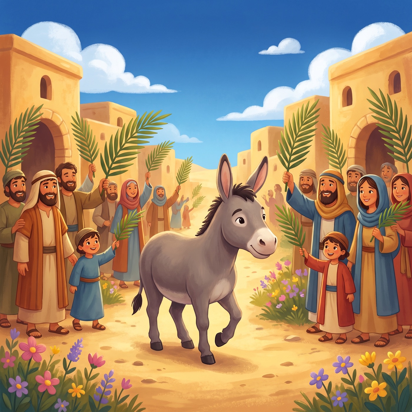 A gentle friendly grey donkey walking calmly along a sunny road while crowds of cheerful people in modest ancient-Israel robes wave green palm branches and smile and welcome.