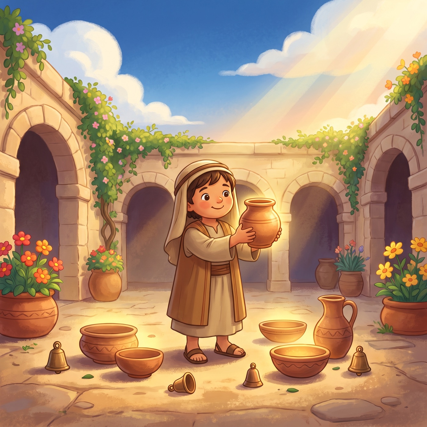 A sunny courtyard where ordinary clay cooking pots and bowls and small bells all glow with a warm golden light, with a child in modest ancient-Israel robes smiling as they hold up one shining clay pot.
