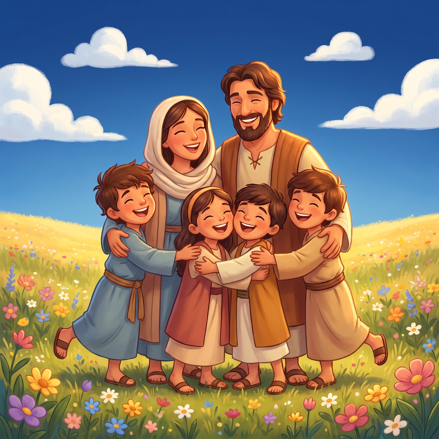 A warm family of parents and several children in modest ancient-Israel robes all together in a big happy group hug in a sunny green meadow, everyone laughing with joy.