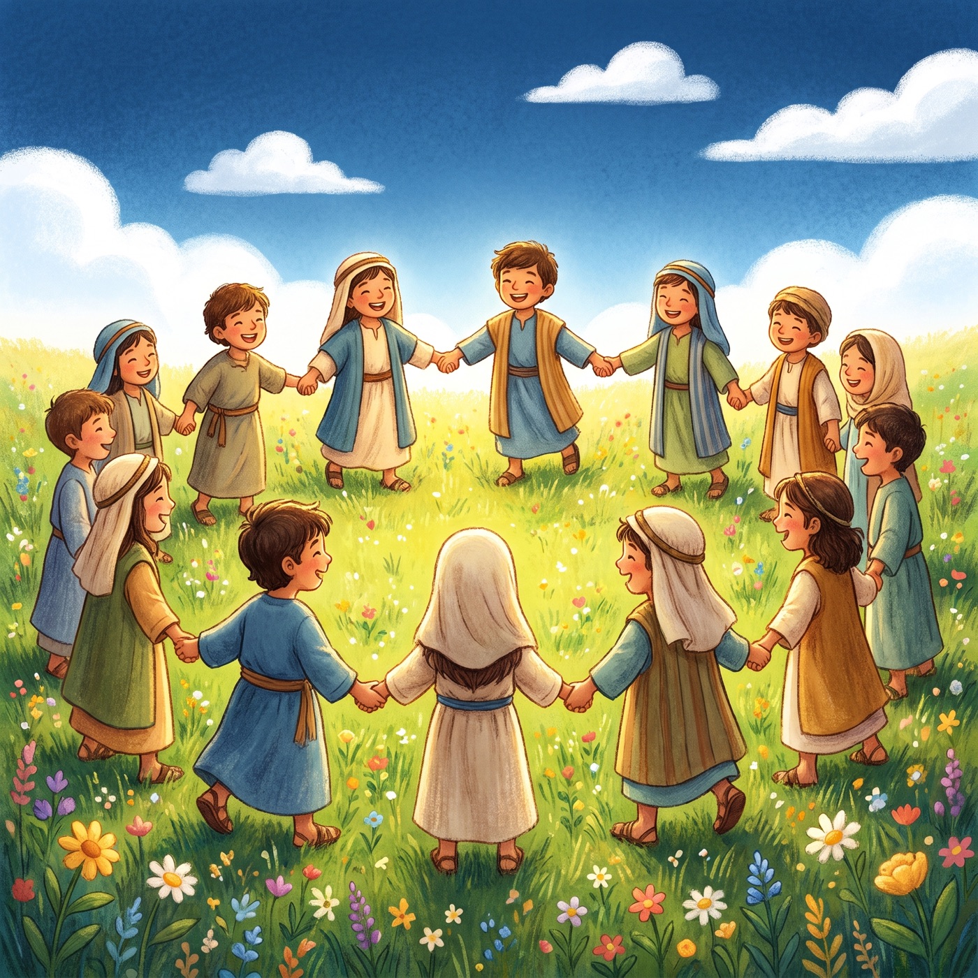 A large group of children of many different appearances in modest ancient-Israel robes holding hands in a big circle in a sunny green meadow, all laughing together.