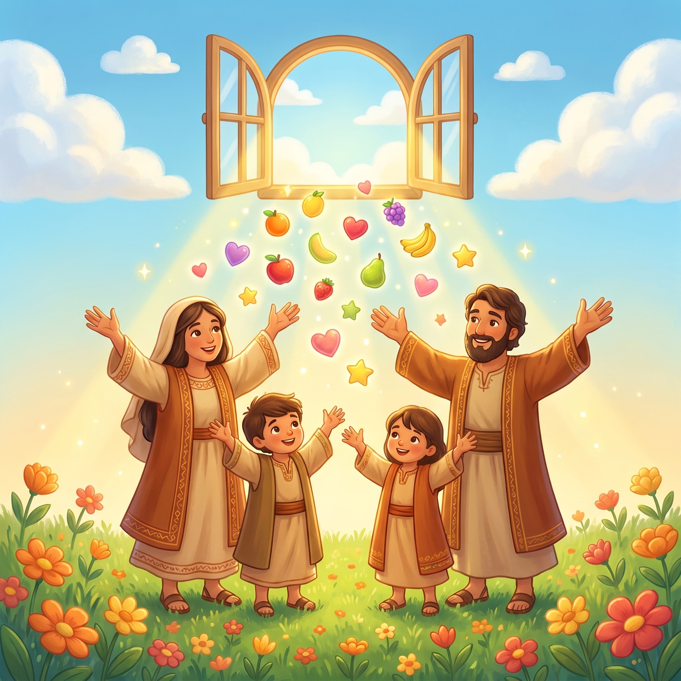 Bright golden light and colourful blessings pouring gently down from an open window in a sunny blue sky onto a joyful family in modest ancient-Israel robes standing below with their arms raised happily.