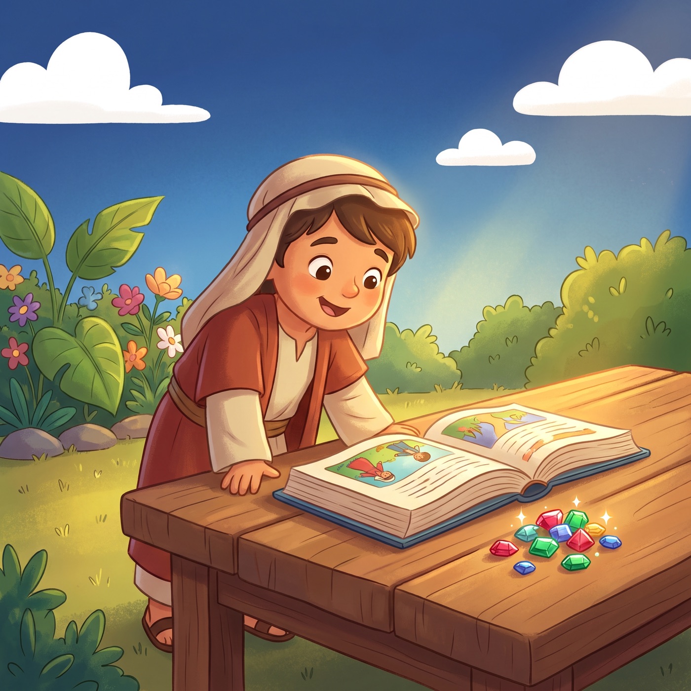 A beautiful open book resting on a sunny wooden table with a small pile of sparkling colourful jewels beside it, a child in modest ancient-Israel robes leaning close and looking at them with wonder.