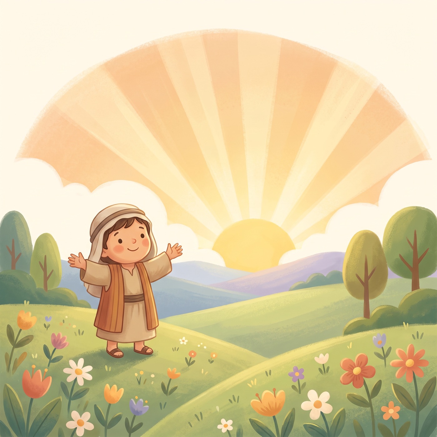 A bright warm sunrise over rolling green hills where the wide golden sunbeams spread across the sky in a broad sweeping shape like great gentle wings of light, with a child standing below, arms open wide.