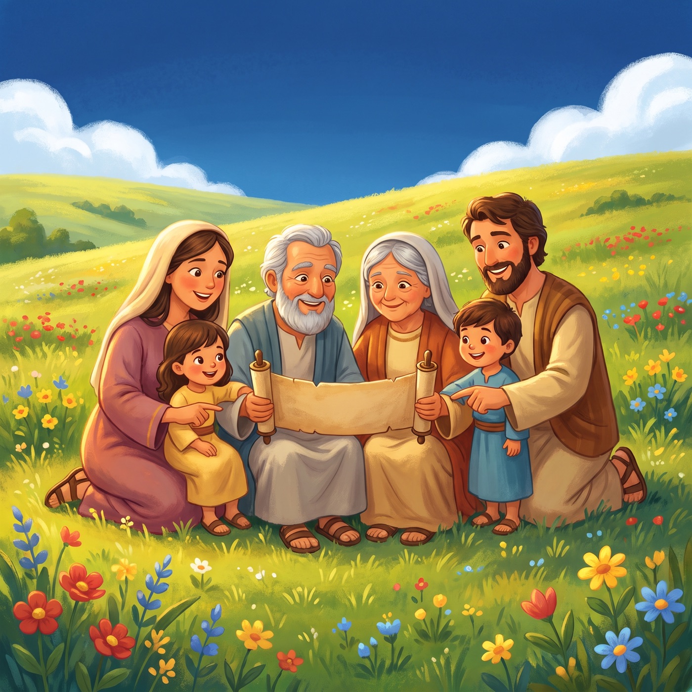 Three generations of a family in modest ancient-Israel robes sitting close together on a sunny green hillside looking at an old family scroll spread across their laps, everyone smiling.